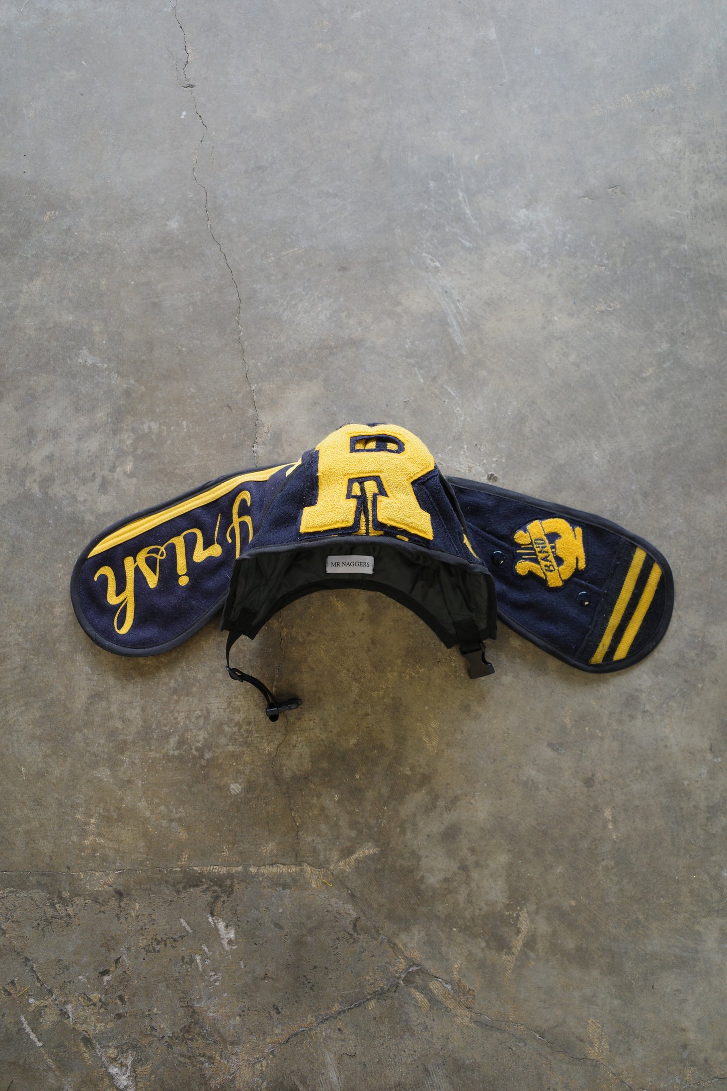 nag nag Bunny Ear Hat made with vintage Varsity jackets and patches