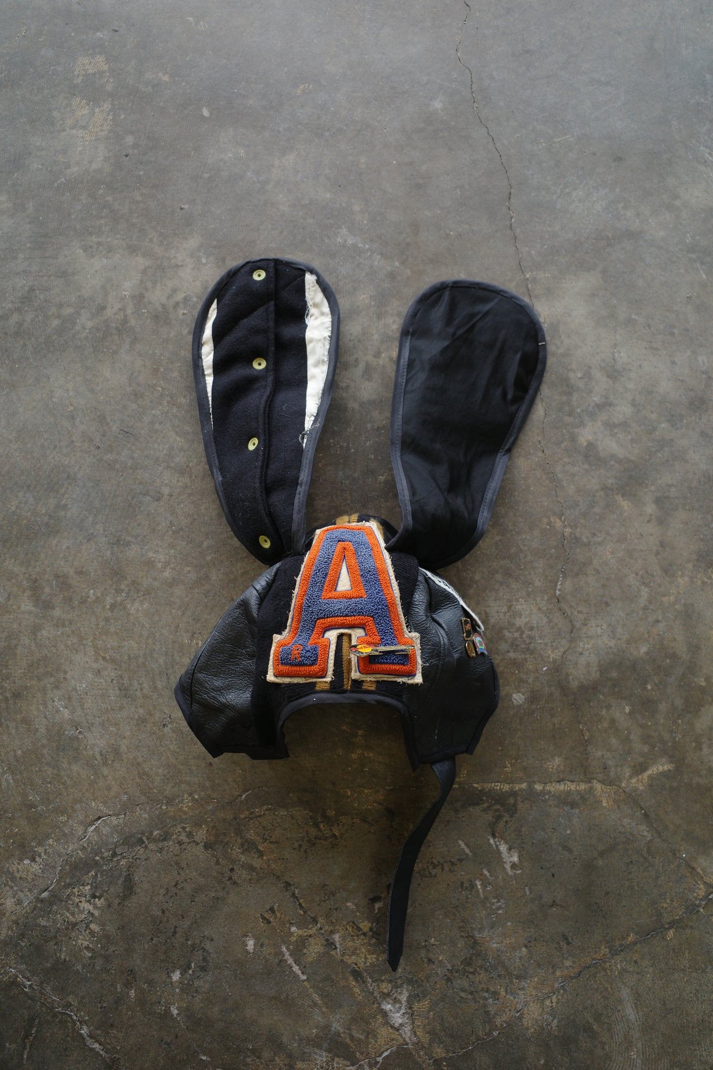 nag nag Bunny Ear Hat made with vintage Varsity Jacket and Patches