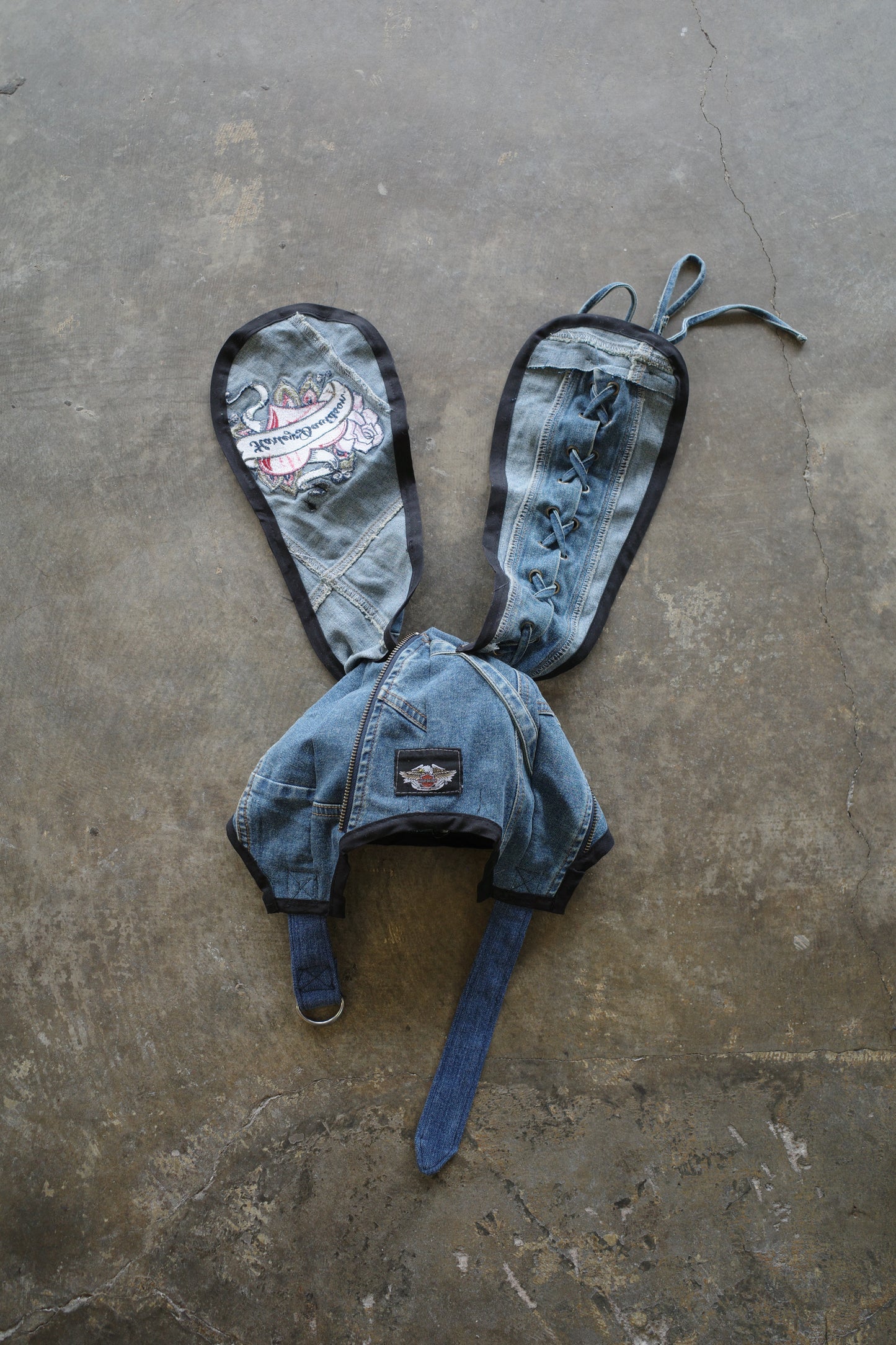 nag nag Bunny Ear Hat made with vintage  Harley Davidson denim racing jacket