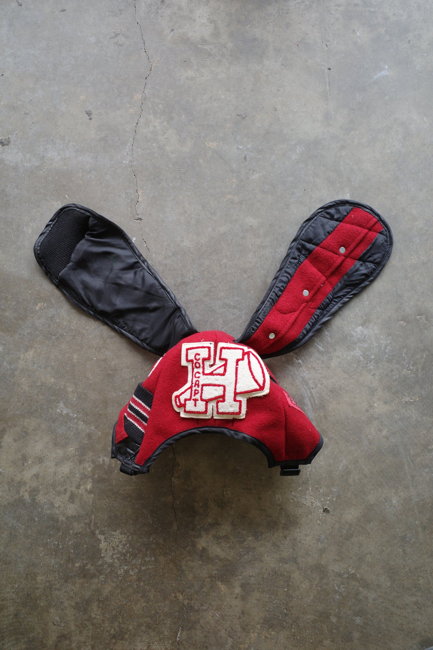 nag nag Bunny Ear Hat made with vintage Varsity Jacket and Patches