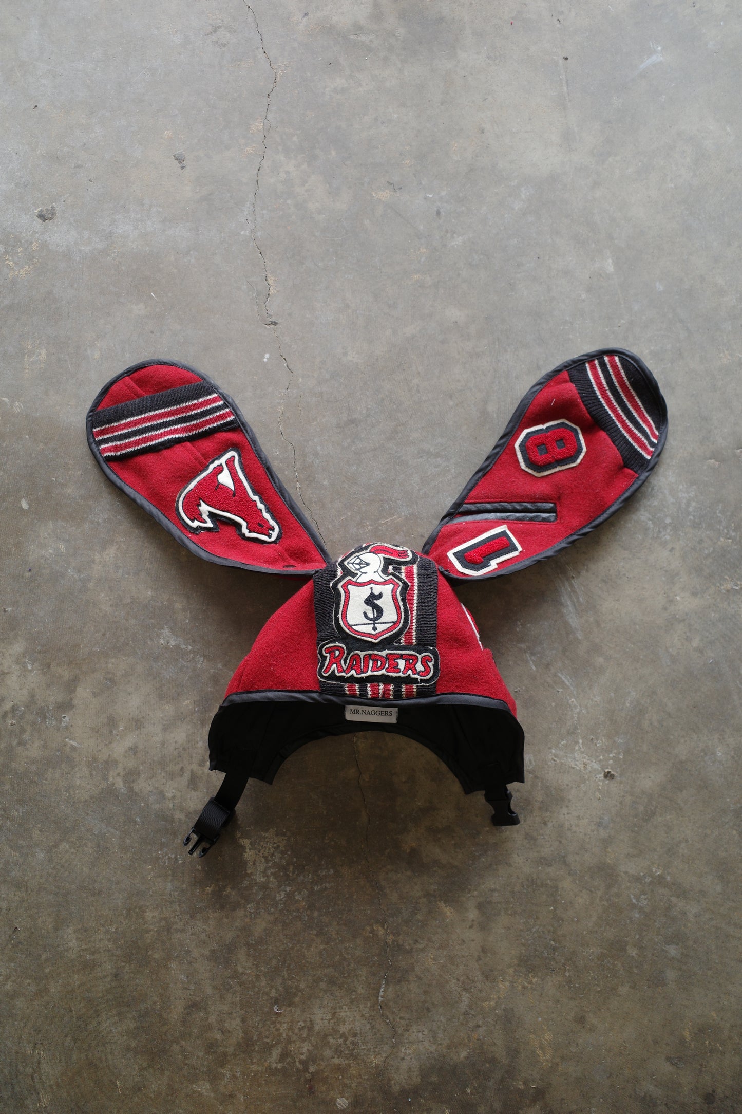 nag nag Bunny Ear Hat made with vintage Varsity Jacket and Patches