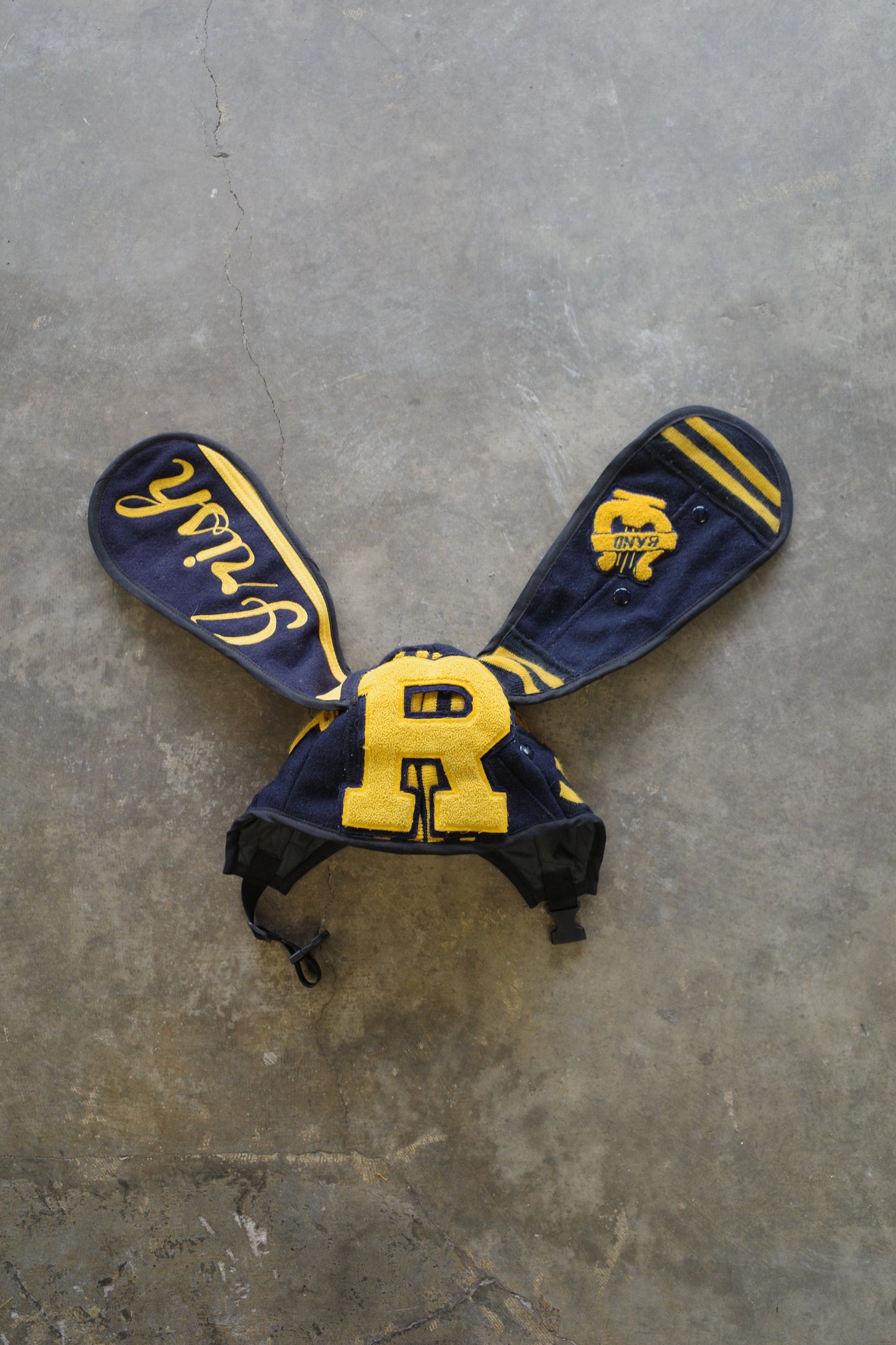 nag nag Bunny Ear Hat made with vintage Varsity jackets and patches