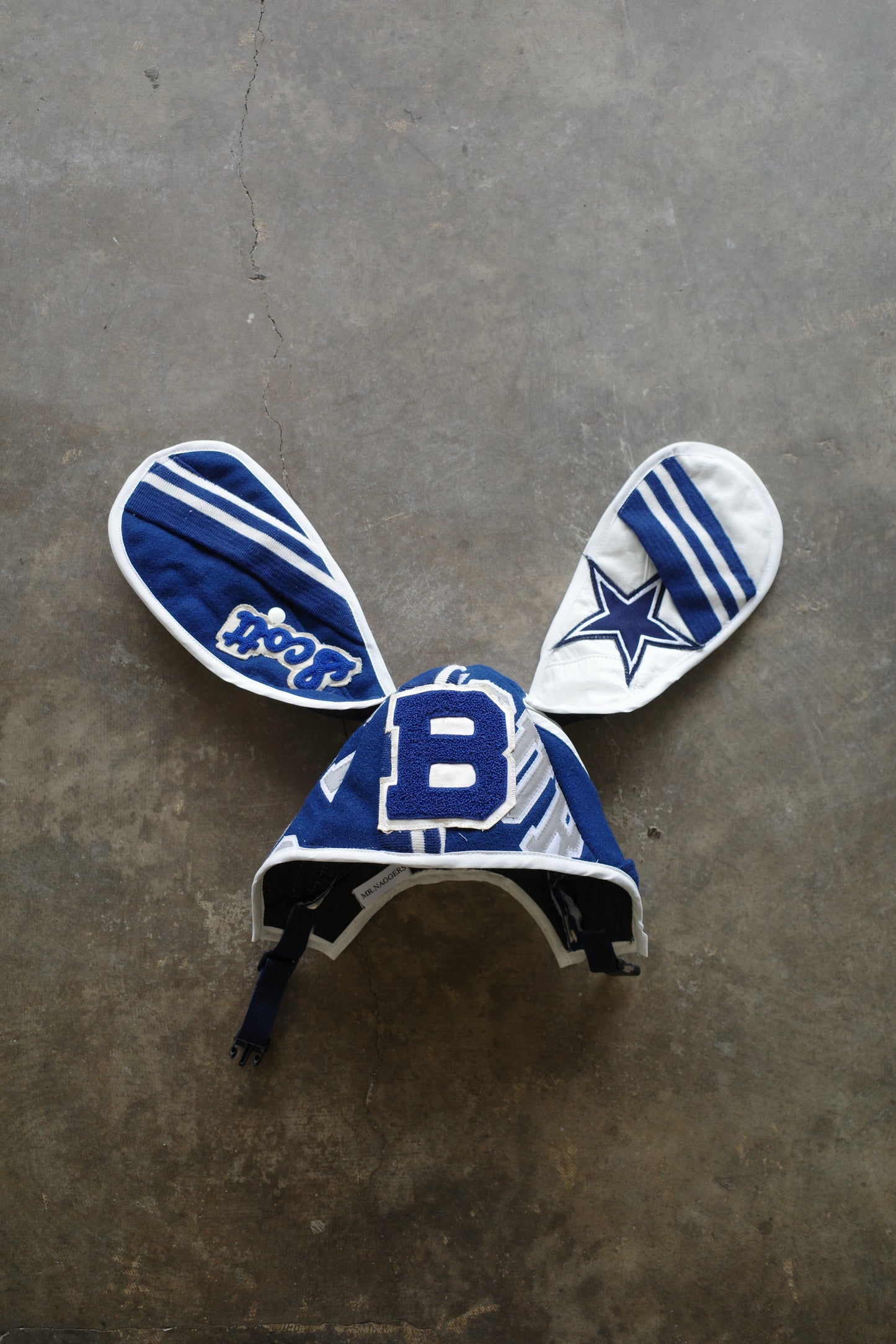 nag nag Bunny Ear Hat made with vintage Varsity Jacket and Patches