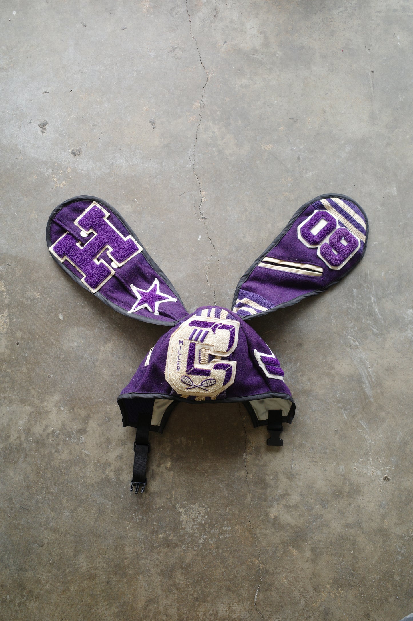 nag nag Bunny Ear Hat made with vintage Varsity Jacket and Patches