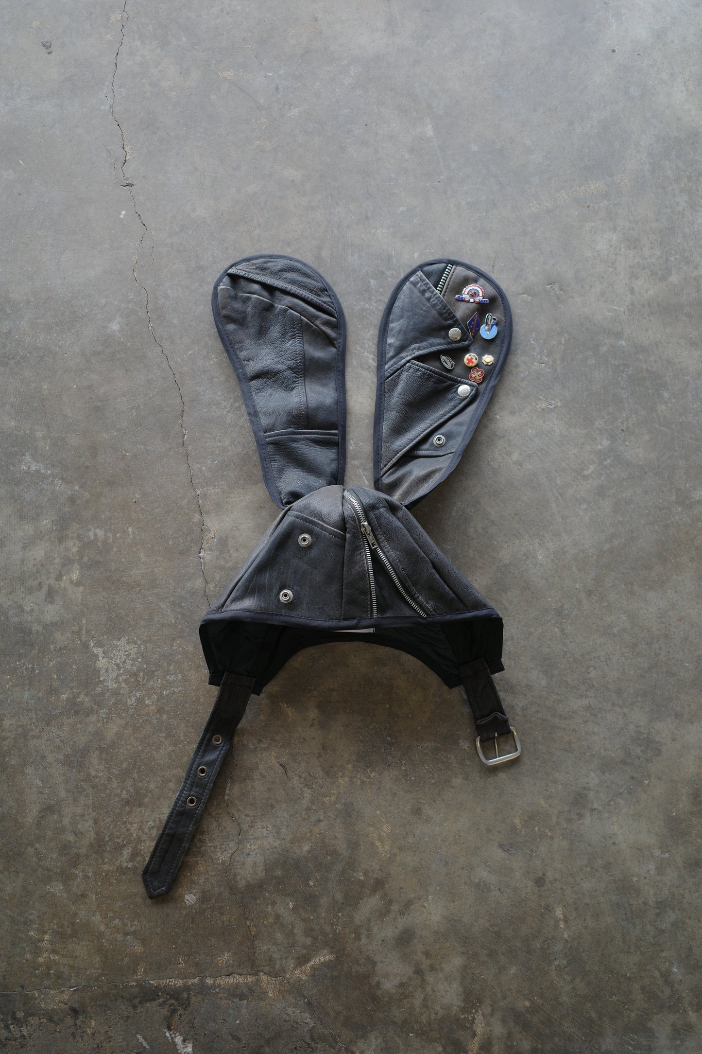 nag nag Bunny Ear Hat made with vintage  Leather Biker  jacket w pins