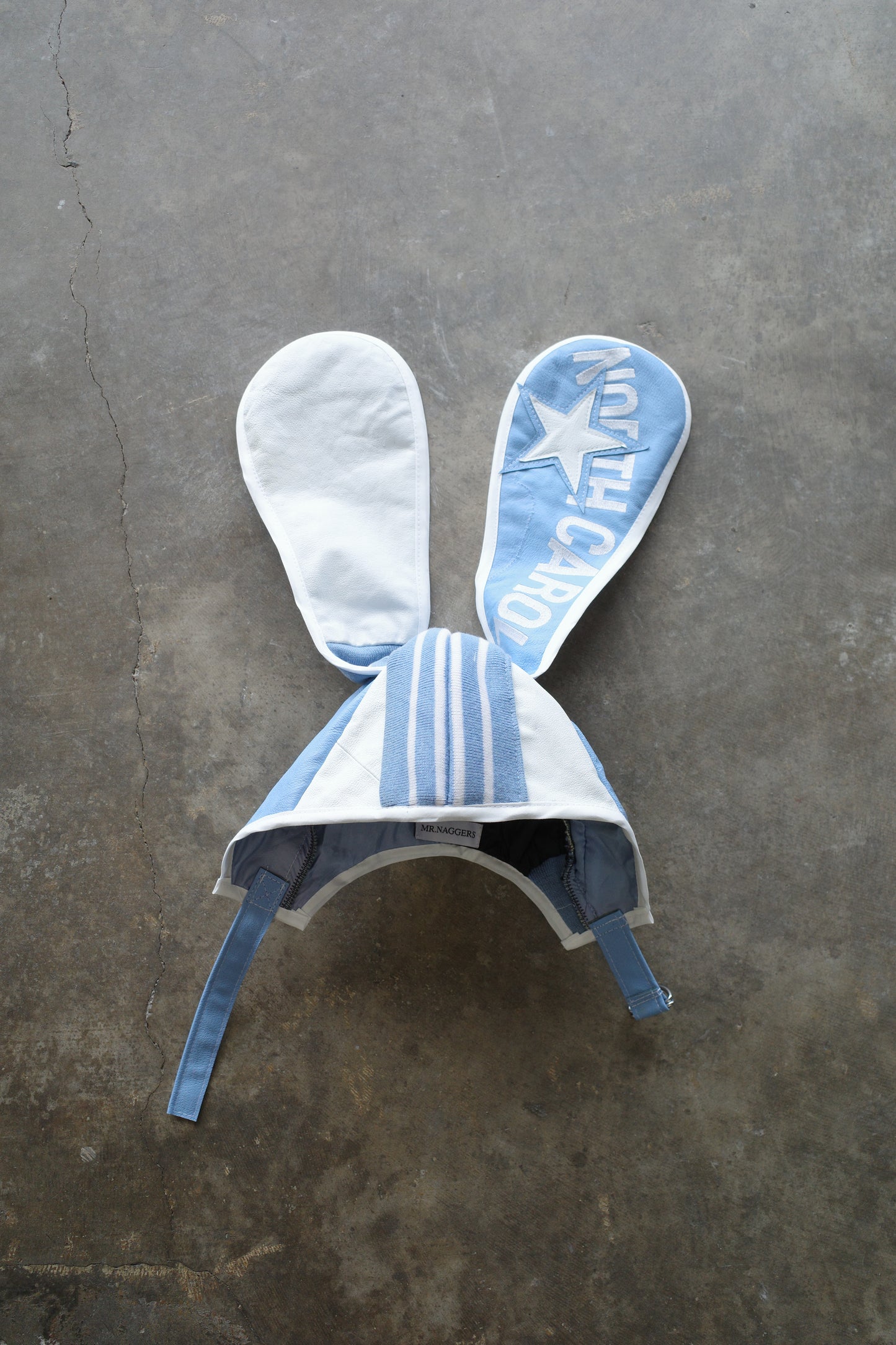 nag nag Bunny Ear Hat made with 1990s vintage Leather varsity jacket