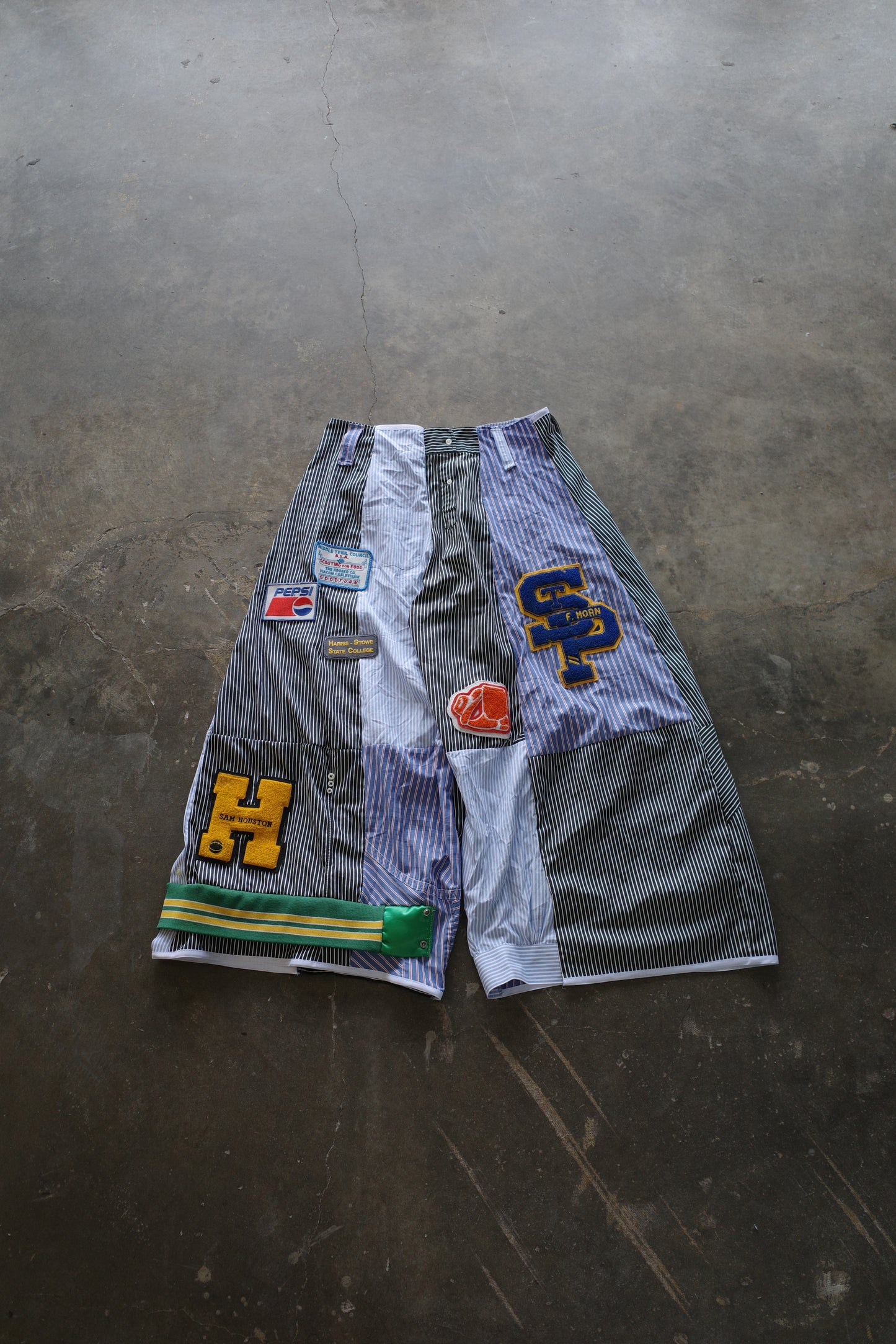 Wide Legged Patched Pants(L) /  made with vintage mens striped shirt w vintage patches