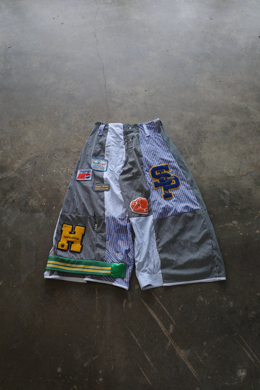 Wide Legged Patched Pants(L) /  made with vintage mens striped shirt w vintage patches