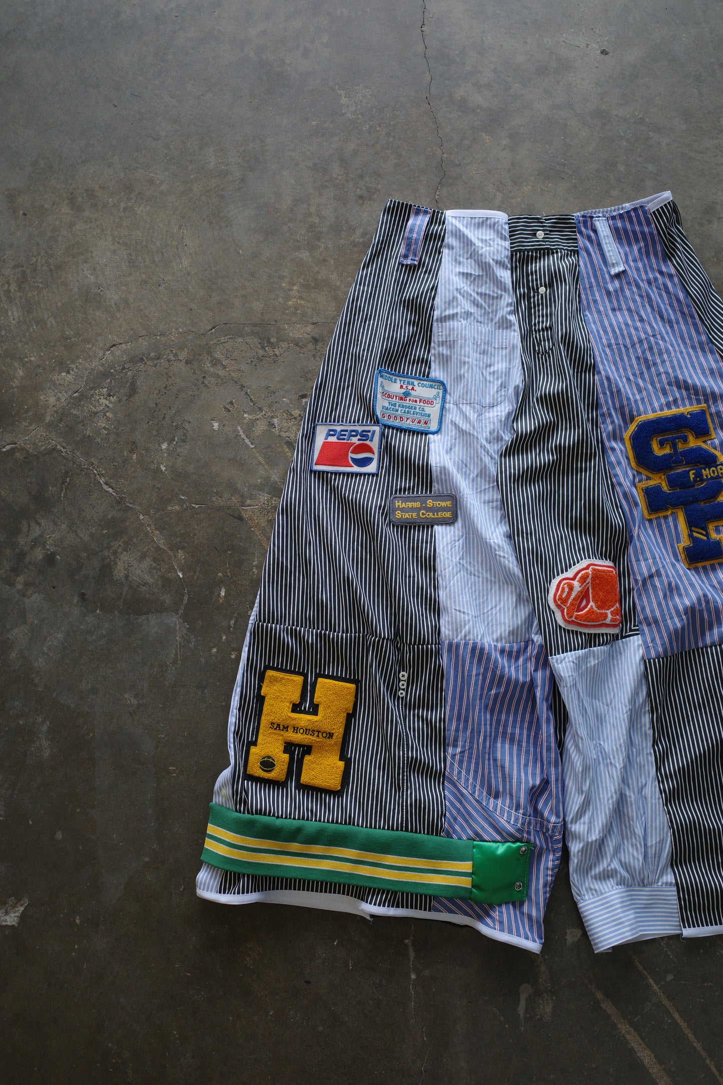 Wide Legged Patched Pants(L) /  made with vintage mens striped shirt w vintage patches