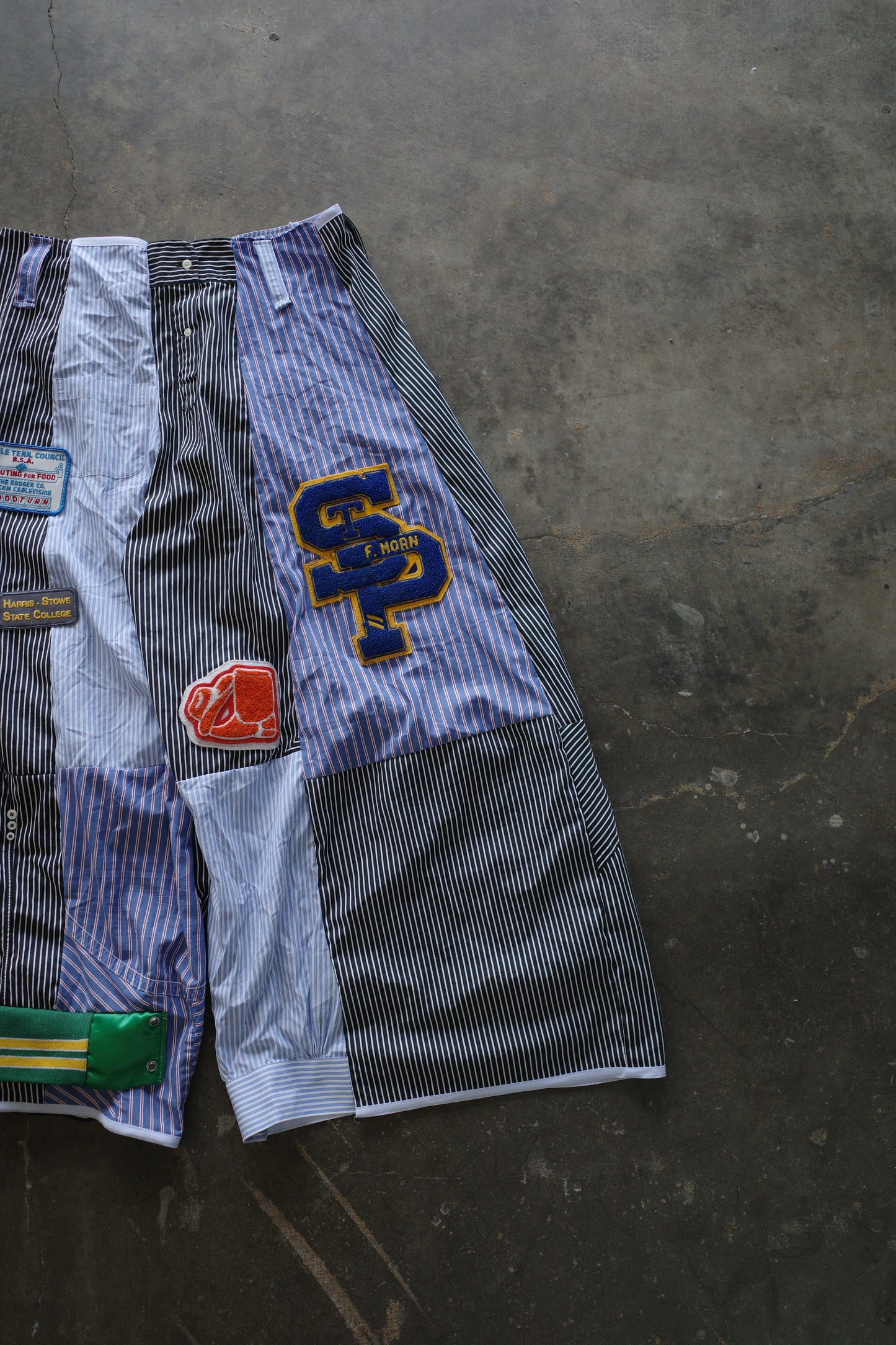 Wide Legged Patched Pants(L) /  made with vintage mens striped shirt w vintage patches