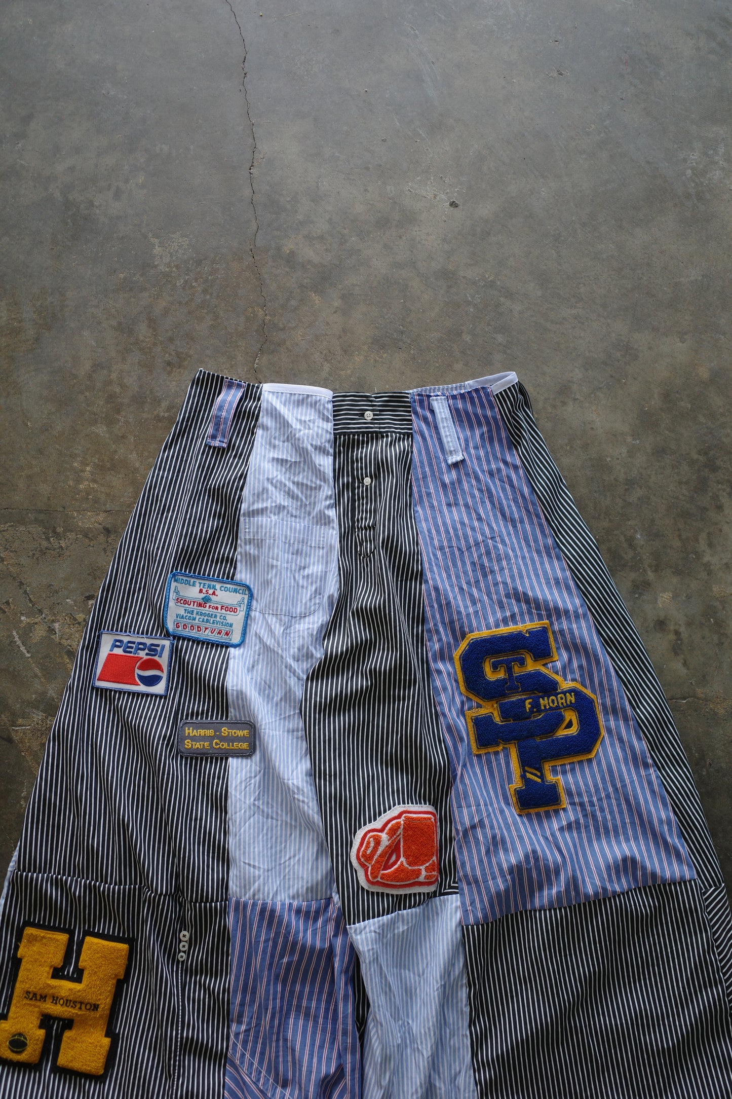 Wide Legged Patched Pants(L) /  made with vintage mens striped shirt w vintage patches
