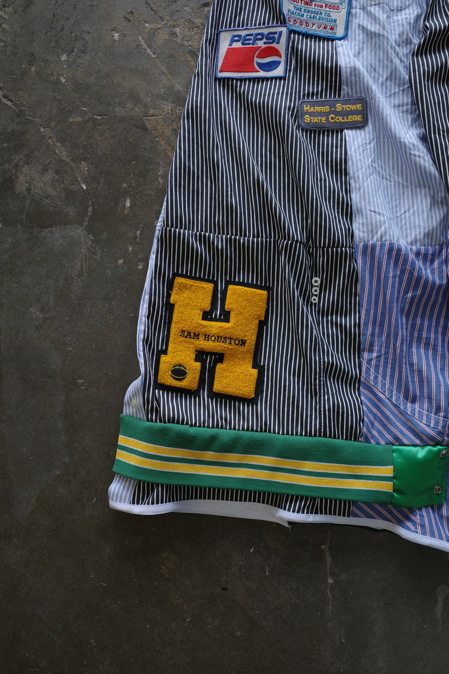 Wide Legged Patched Pants(L) /  made with vintage mens striped shirt w vintage patches