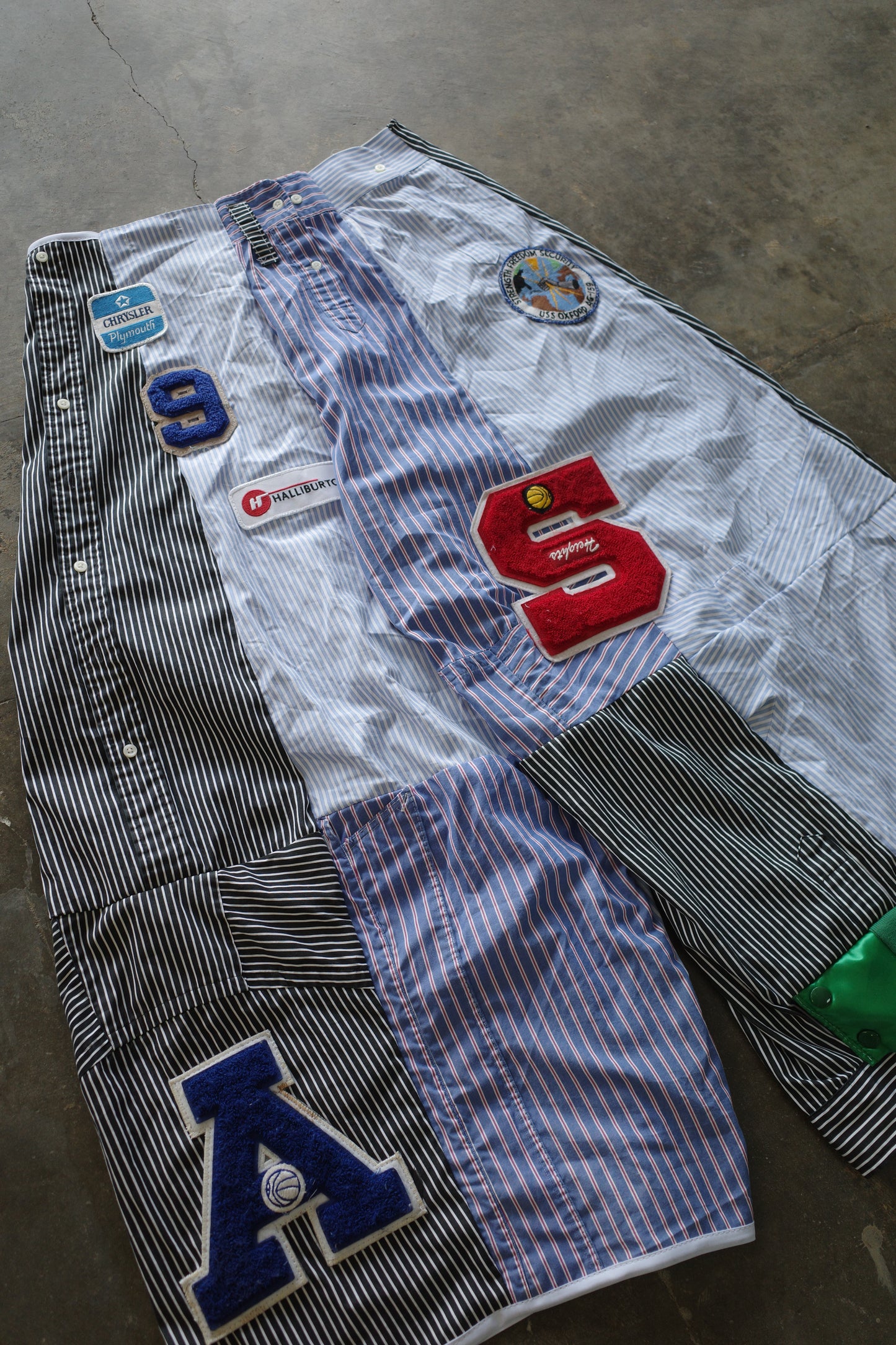 Wide Legged Patched Pants(L) /  made with vintage mens striped shirt w vintage patches