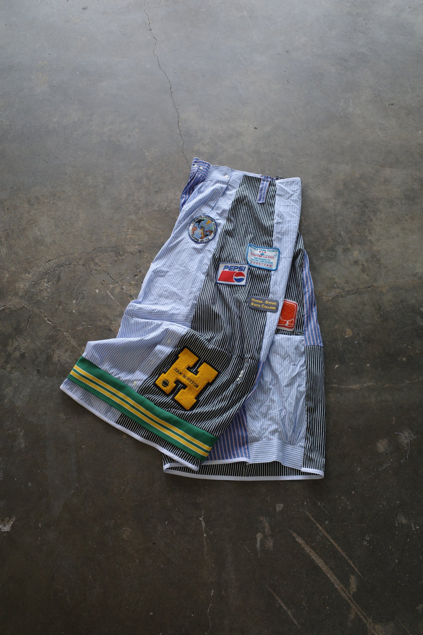 Wide Legged Patched Pants(L) /  made with vintage mens striped shirt w vintage patches