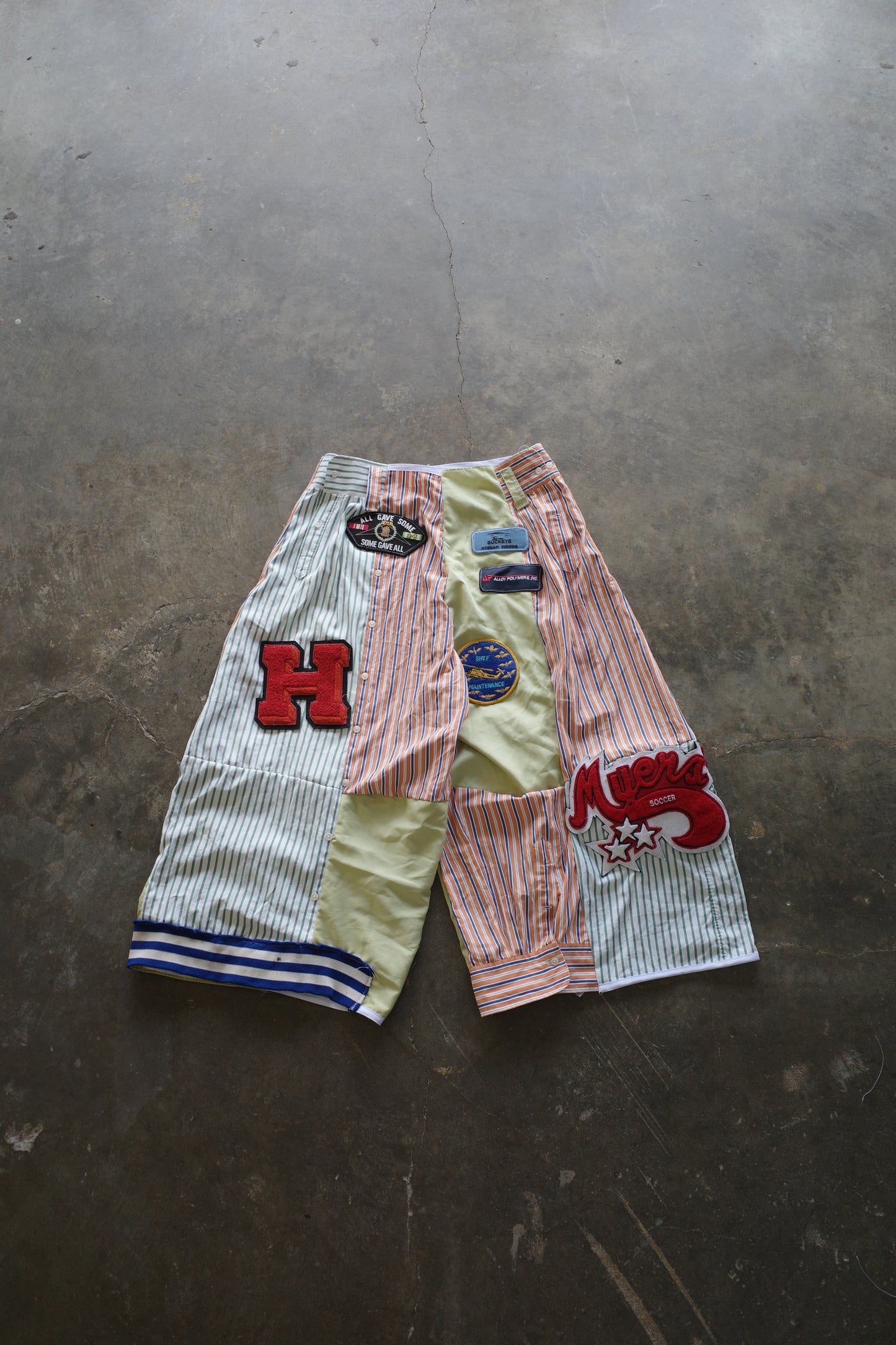 Wide Legged Patched Pants(S) /  made with vintage mens striped shirt w vintage patches