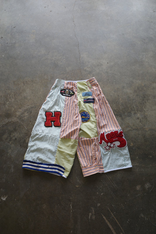 Wide Legged Patched Pants(S) /  made with vintage mens striped shirt w vintage patches