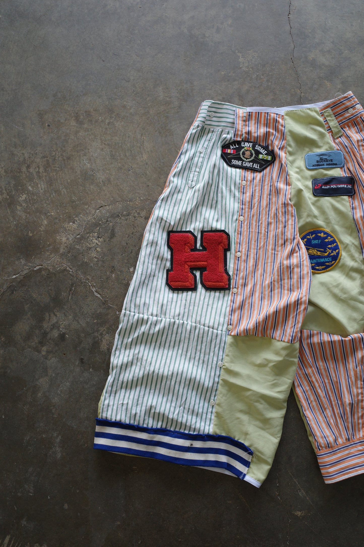 Wide Legged Patched Pants(S) /  made with vintage mens striped shirt w vintage patches
