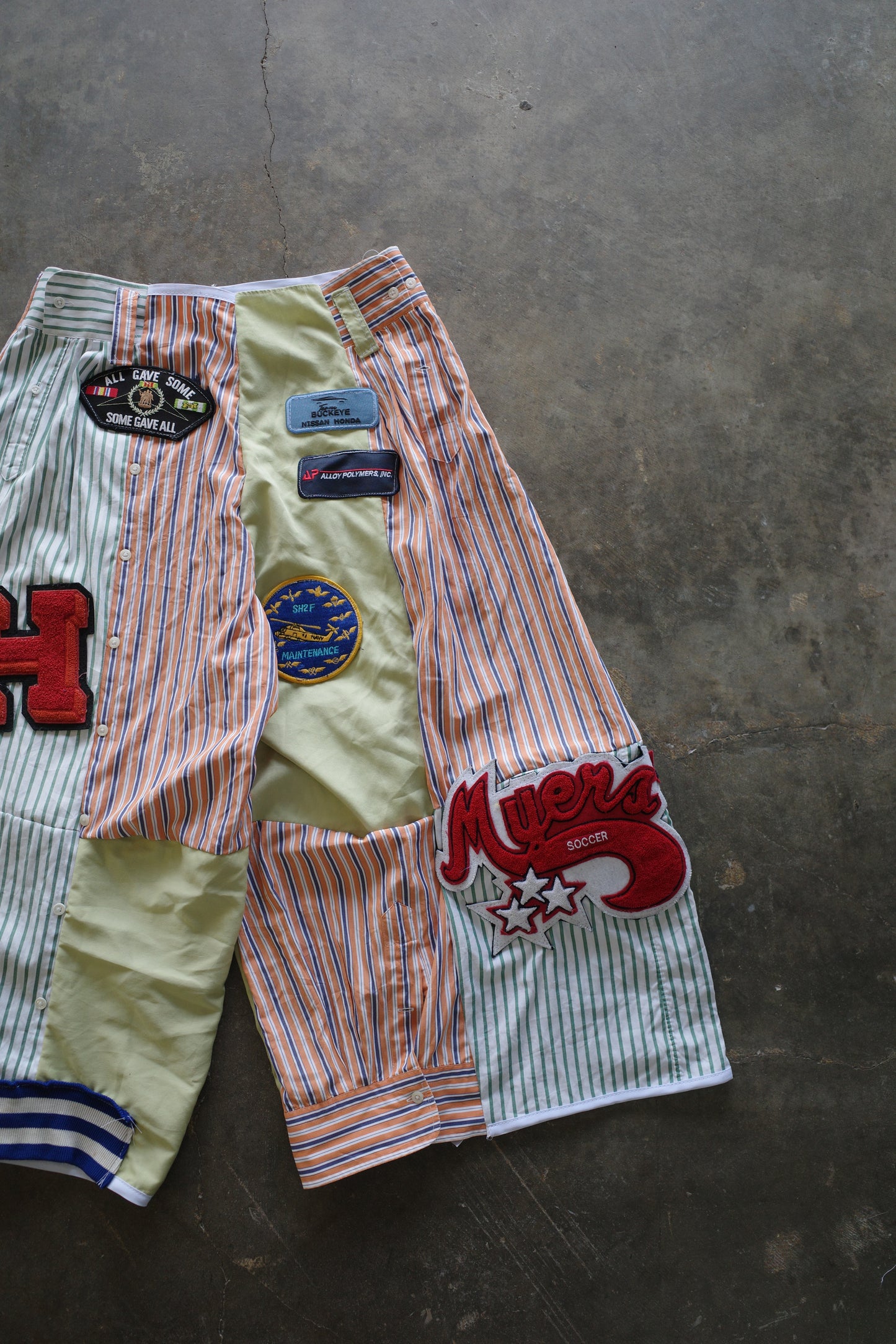 Wide Legged Patched Pants(S) /  made with vintage mens striped shirt w vintage patches