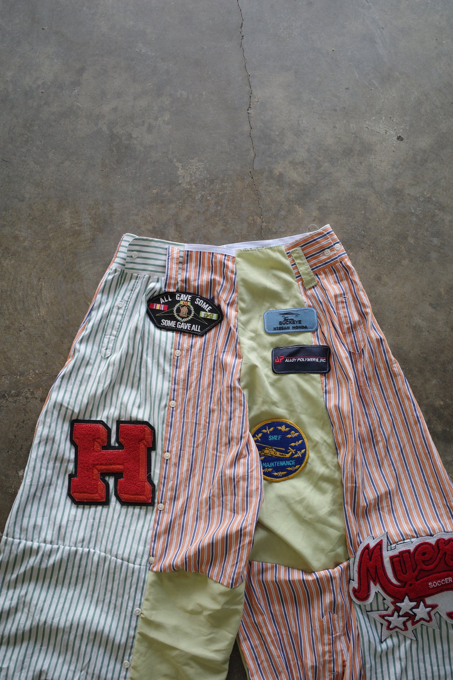 Wide Legged Patched Pants(S) /  made with vintage mens striped shirt w vintage patches