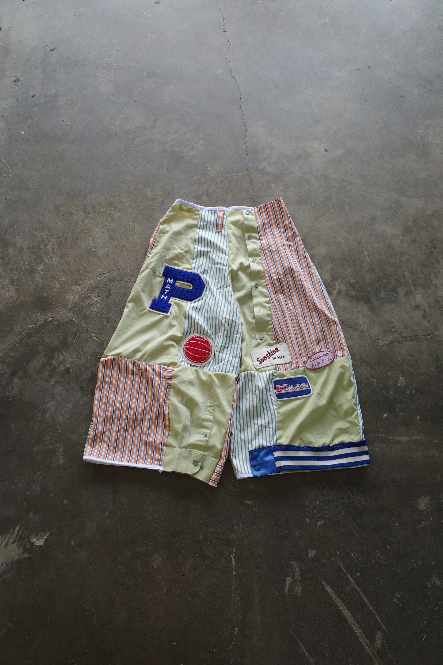 Wide Legged Patched Pants(S) /  made with vintage mens striped shirt w vintage patches