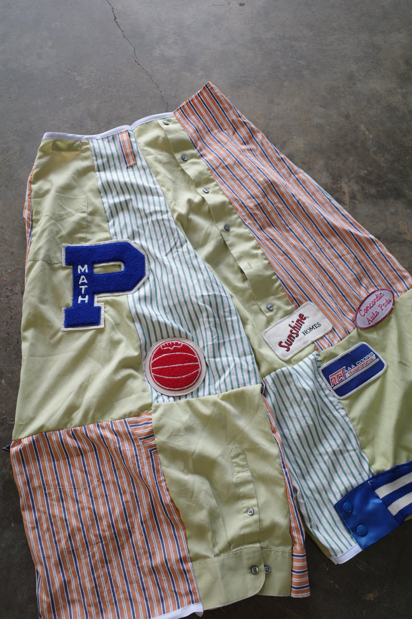 Wide Legged Patched Pants(S) /  made with vintage mens striped shirt w vintage patches