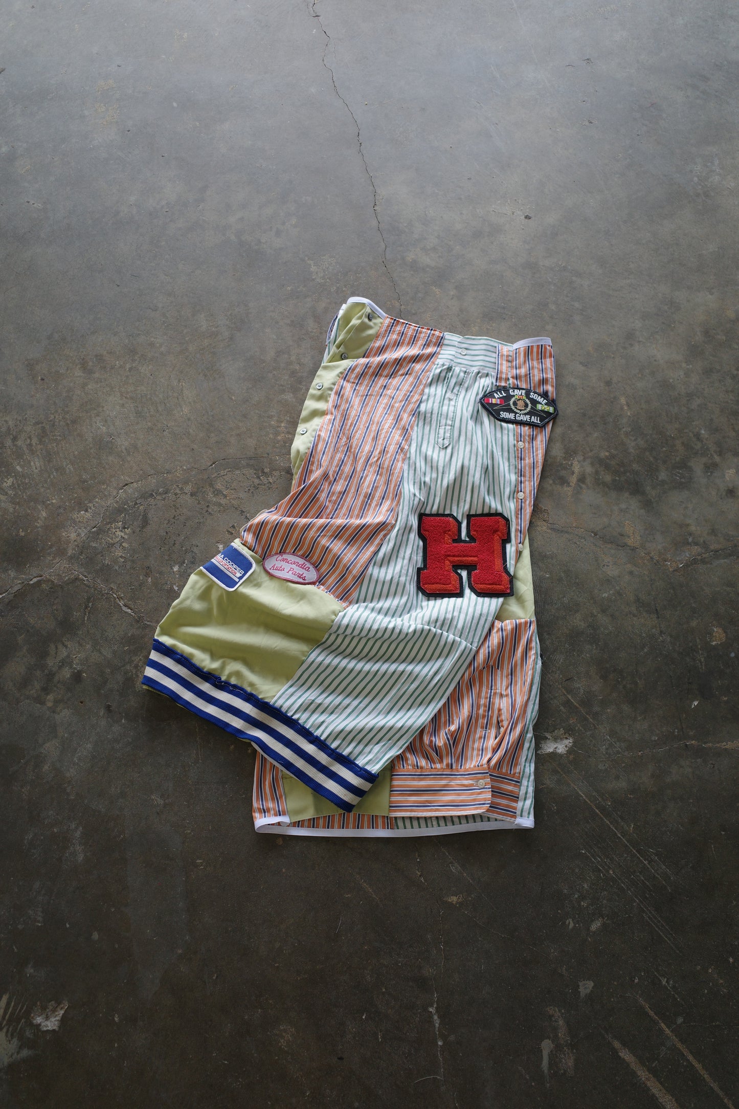 Wide Legged Patched Pants(S) /  made with vintage mens striped shirt w vintage patches