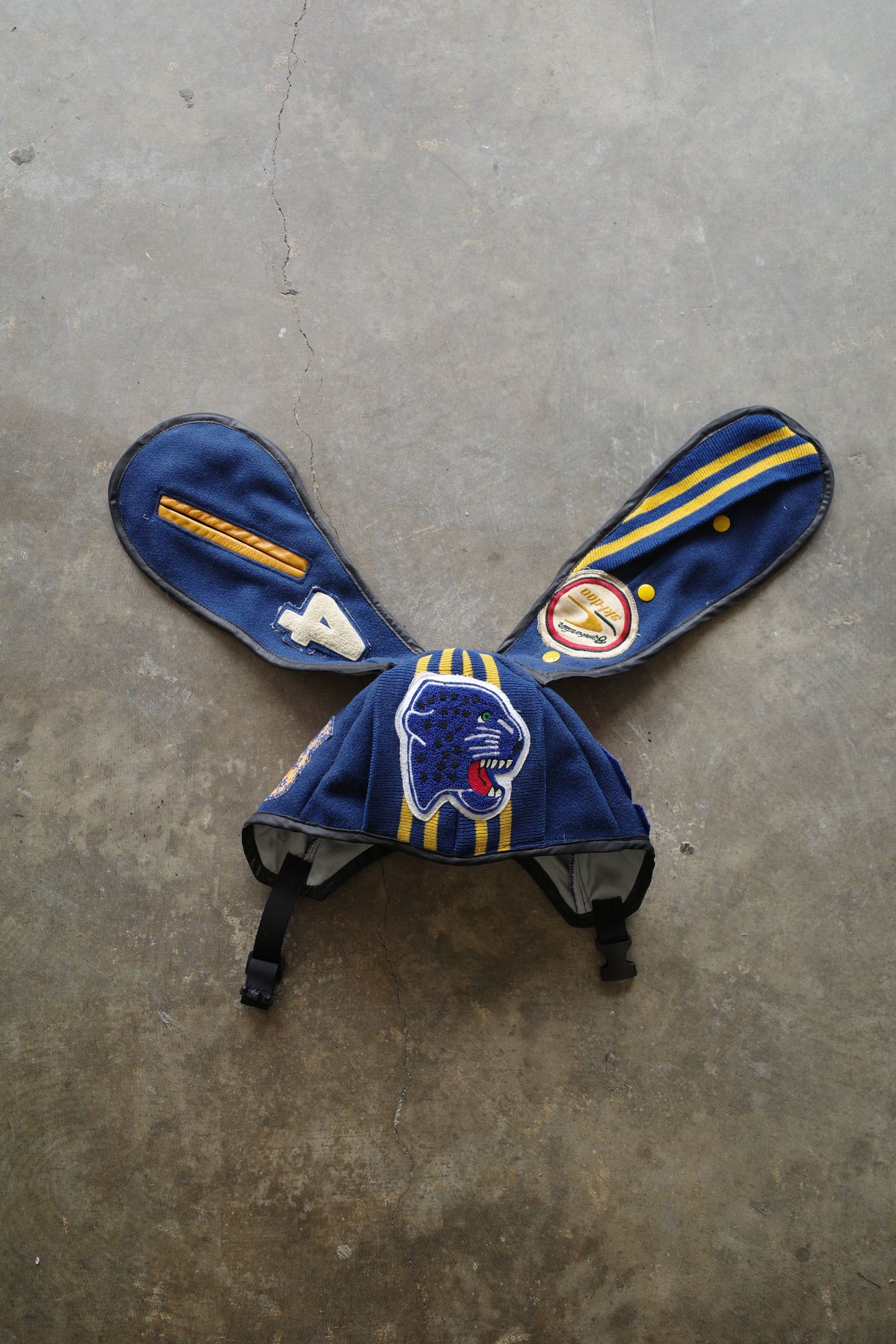 nag nag Bunny Ear Hat made with vintage Varsity Jacket and Patches