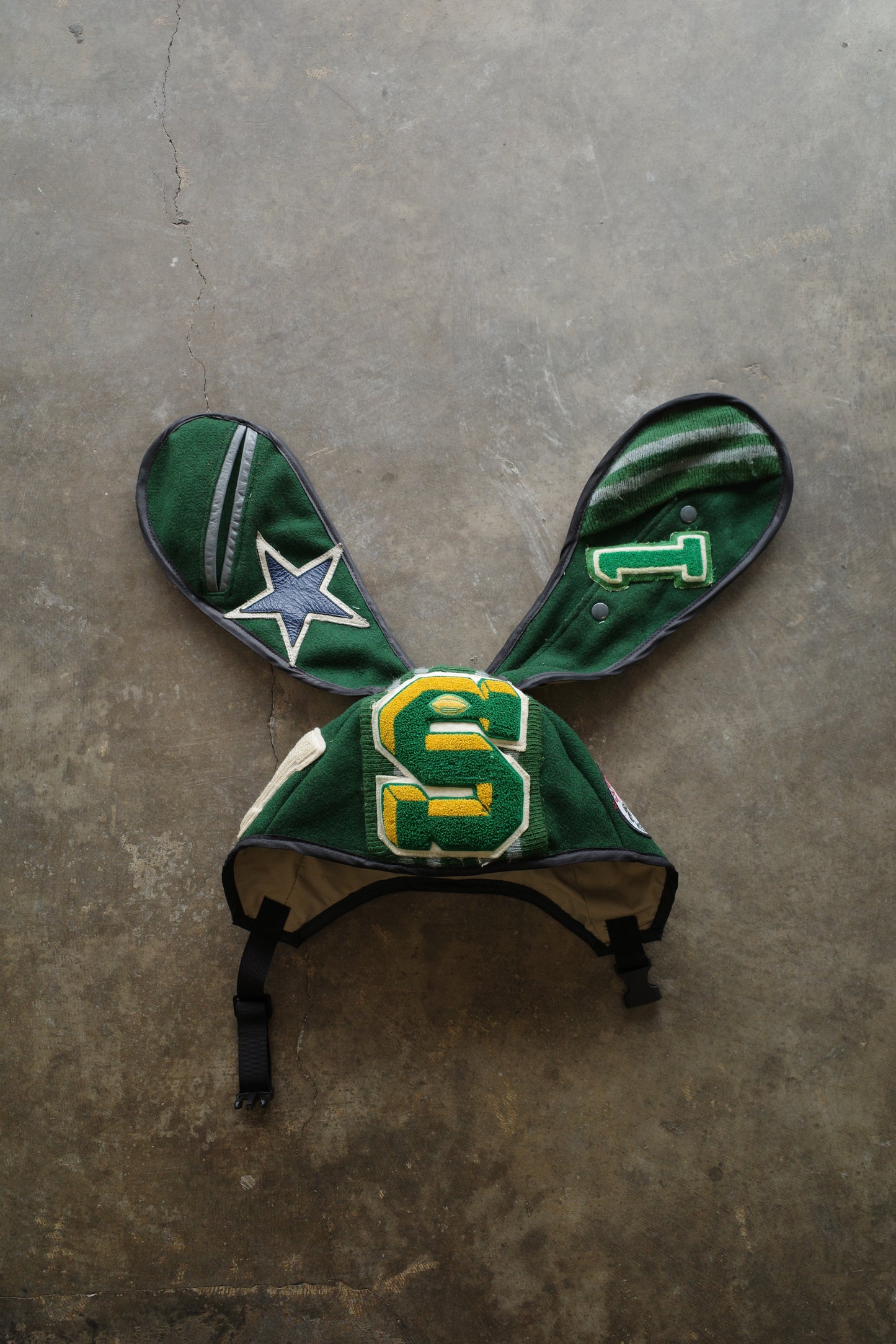 nag nag Bunny Ear Hat made with vintage Varsity Jacket and Patches