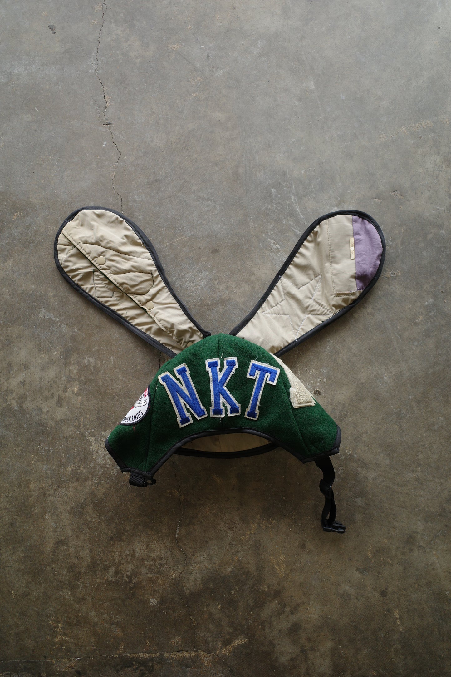 nag nag Bunny Ear Hat made with vintage Varsity Jacket and Patches