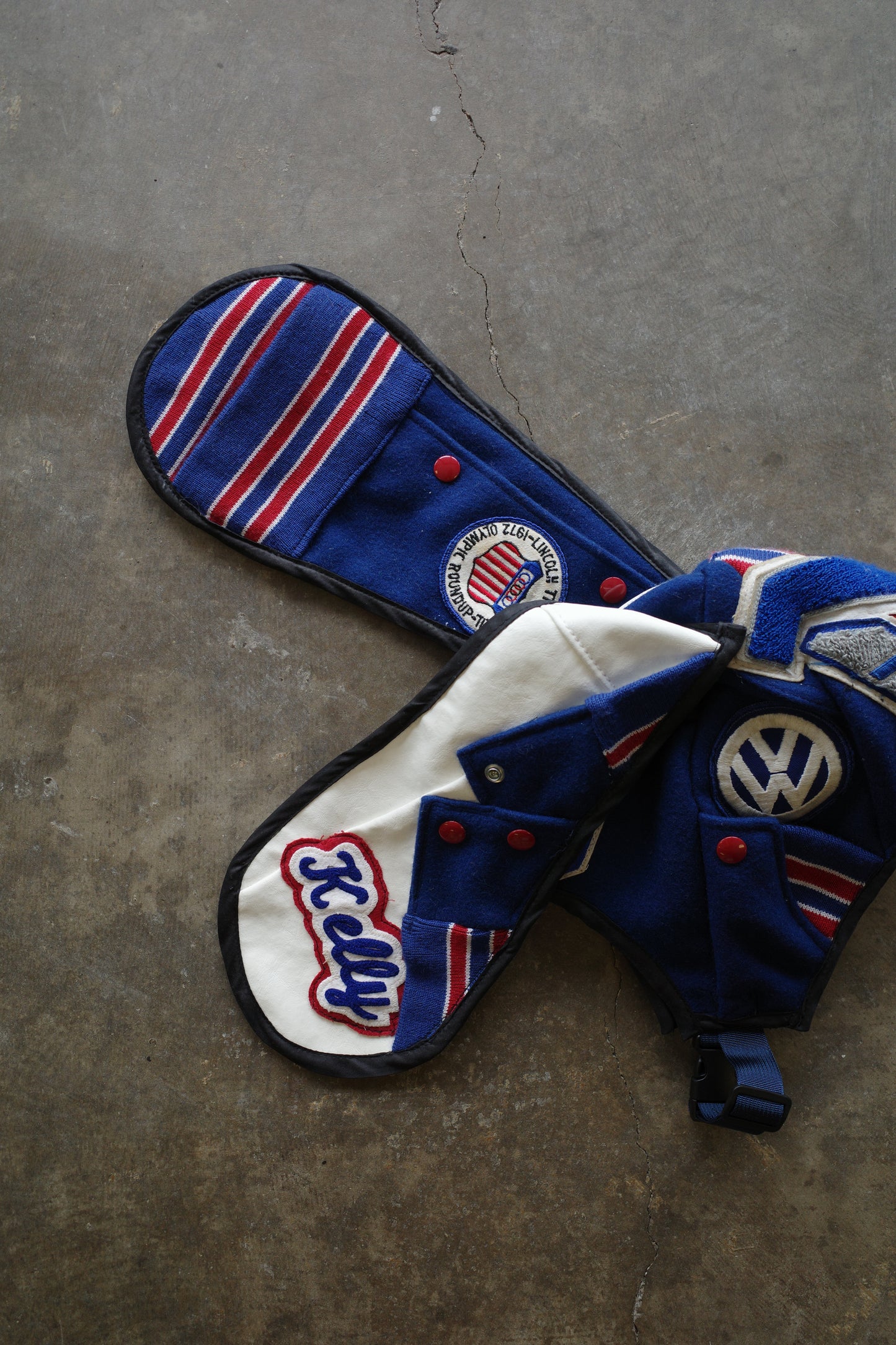 nag nag Bunny Ear Hat made with vintage Varsity Jacket and Patches