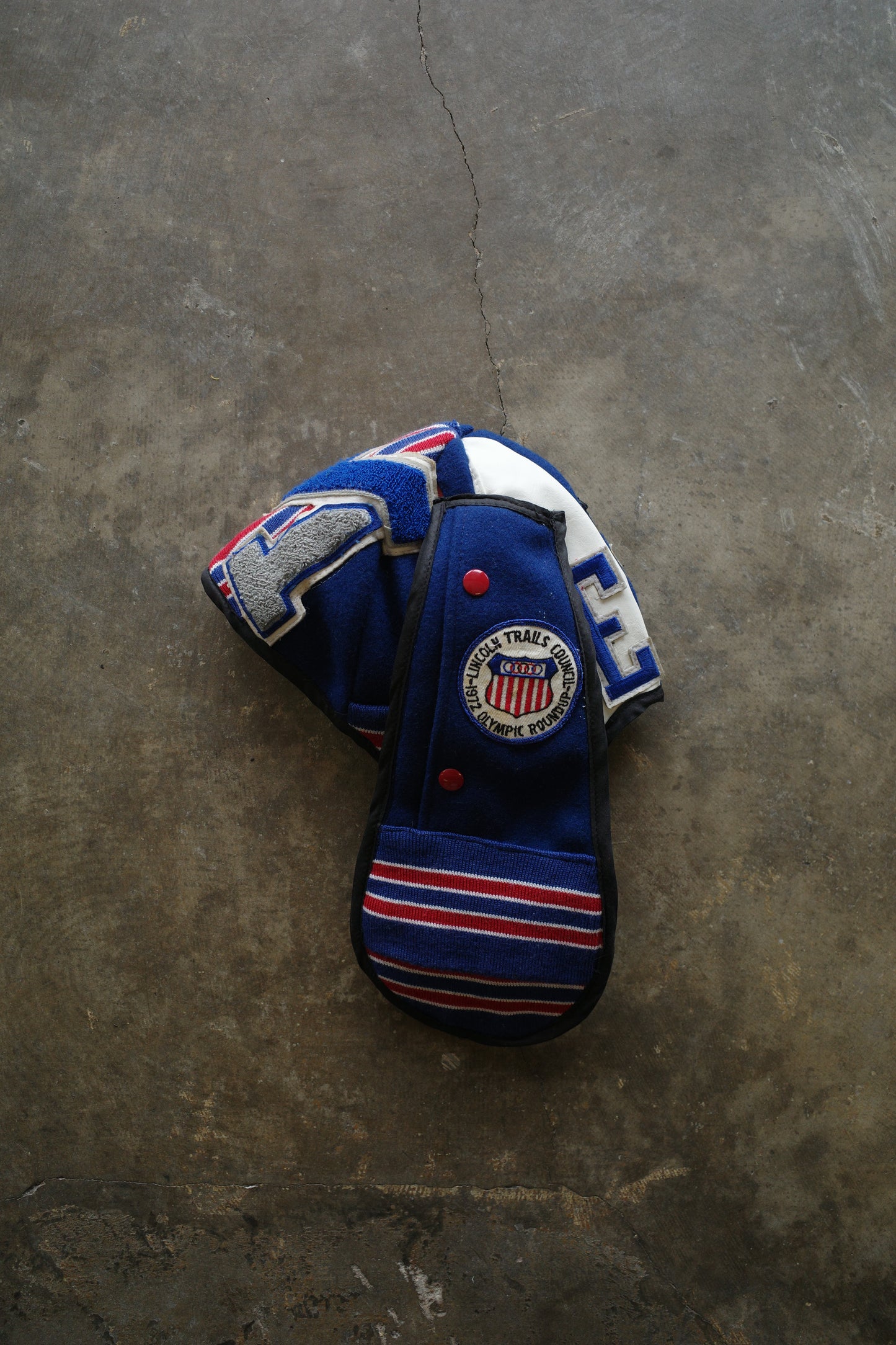 nag nag Bunny Ear Hat made with vintage Varsity Jacket and Patches