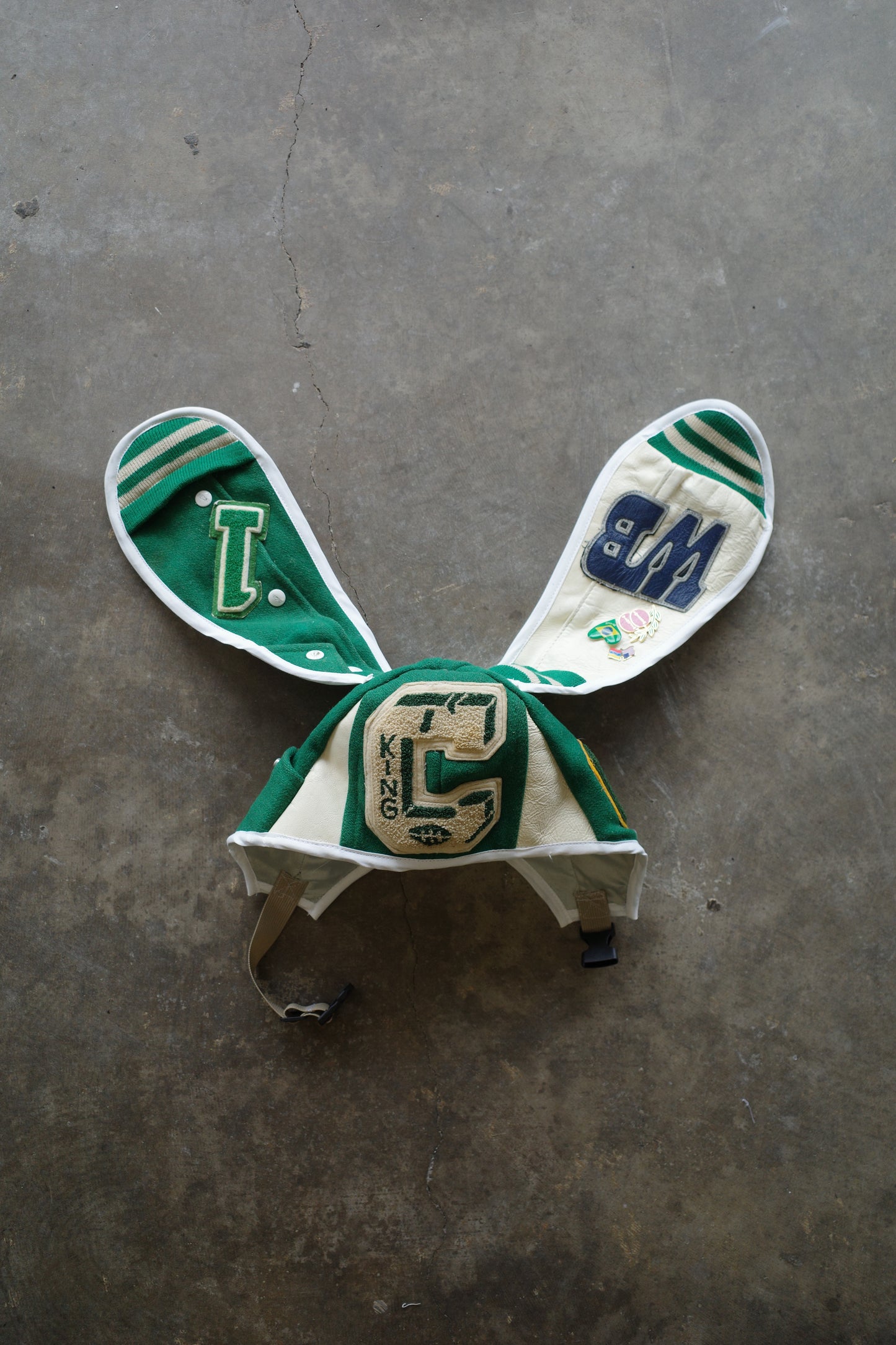 nag nag Bunny Ear Hat made with vintage Varsity Jacket and Patches&Pins