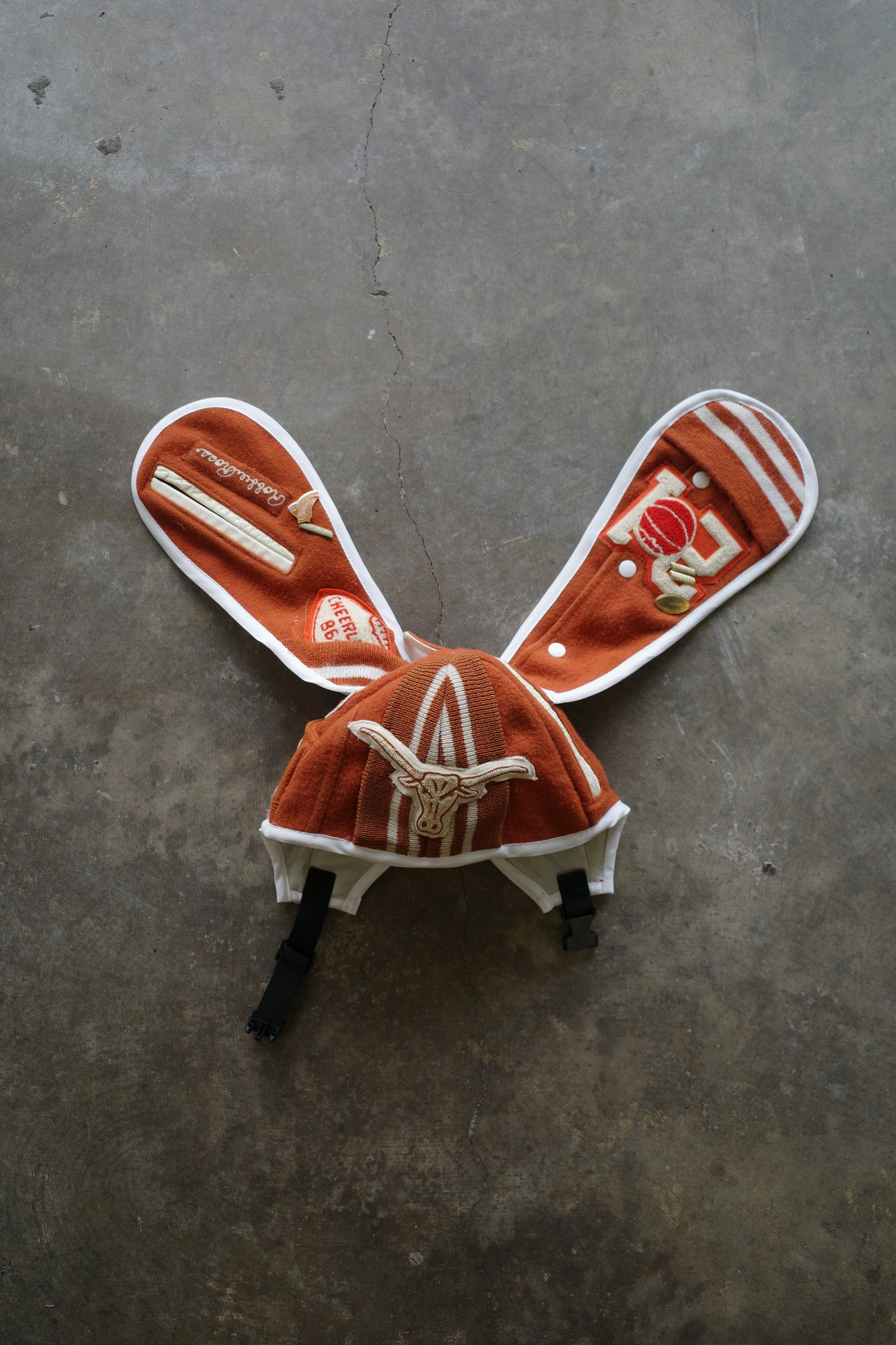 nag nag Bunny Ear Hat made with vintage Varsity Jacket and Patches&Pins
