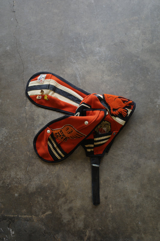 nag nag Bunny Ear Hat made with vintage Varsity Jacket and Patches and pins