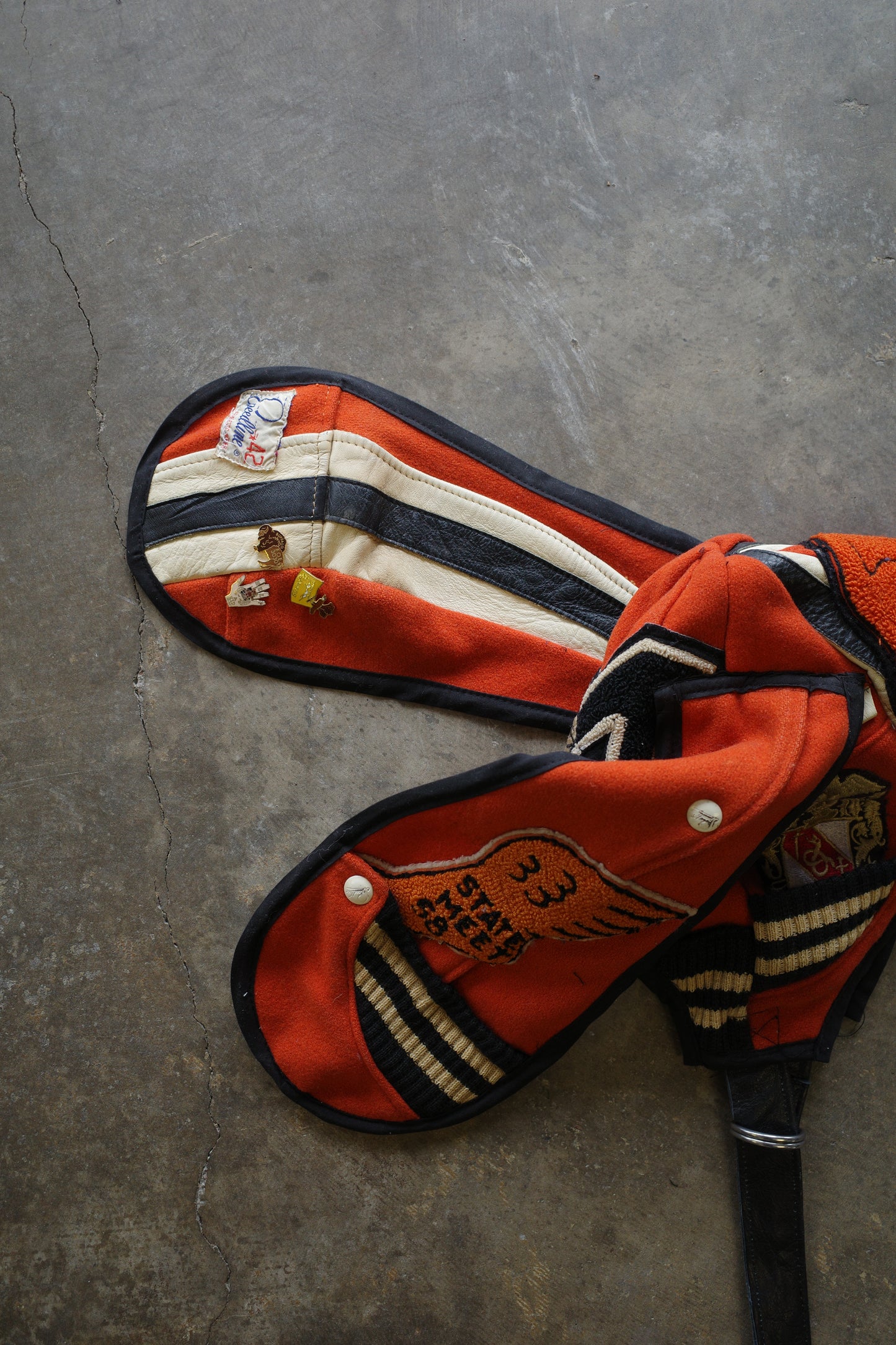 nag nag Bunny Ear Hat made with vintage Varsity Jacket and Patches and pins