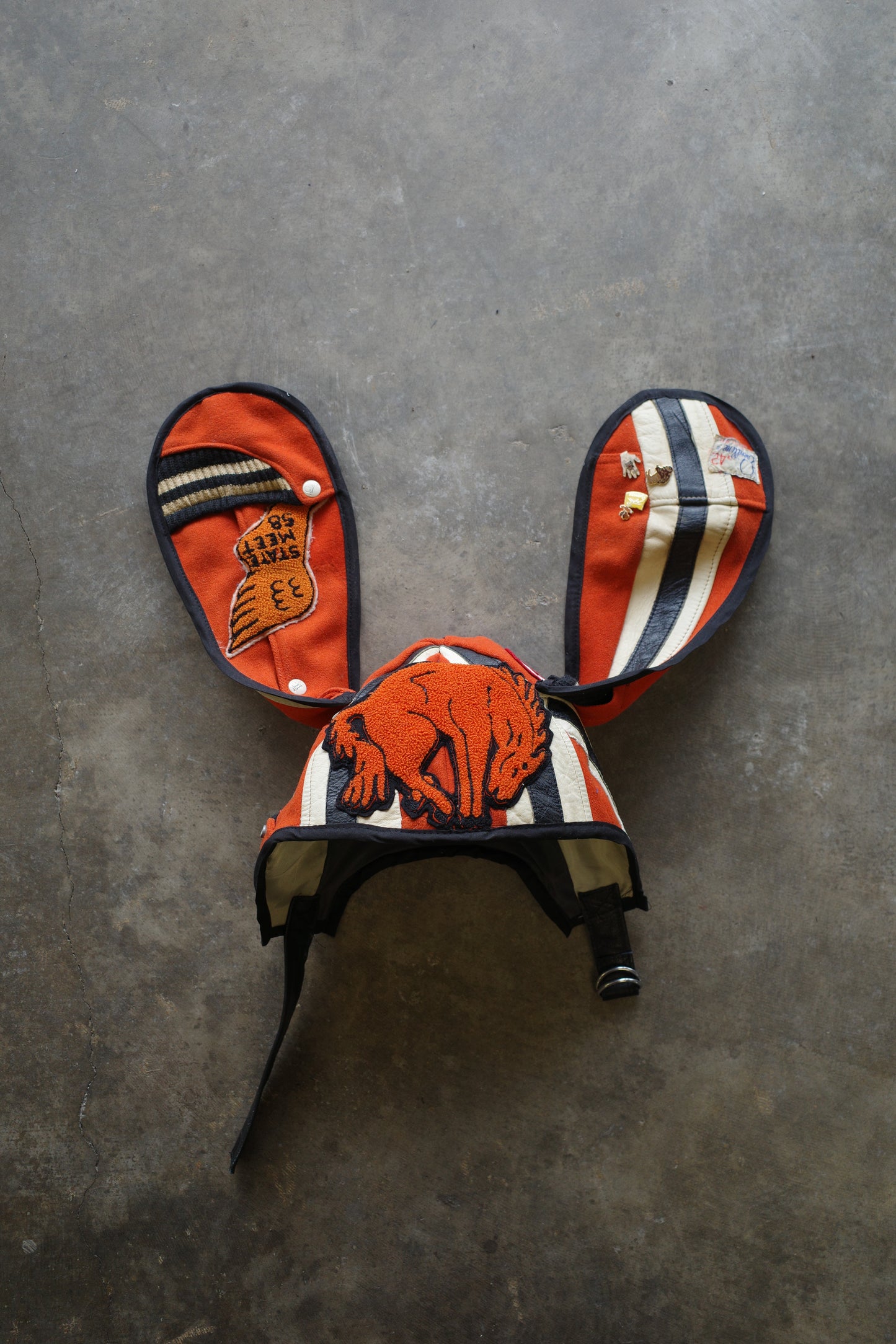 nag nag Bunny Ear Hat made with vintage Varsity Jacket and Patches and pins