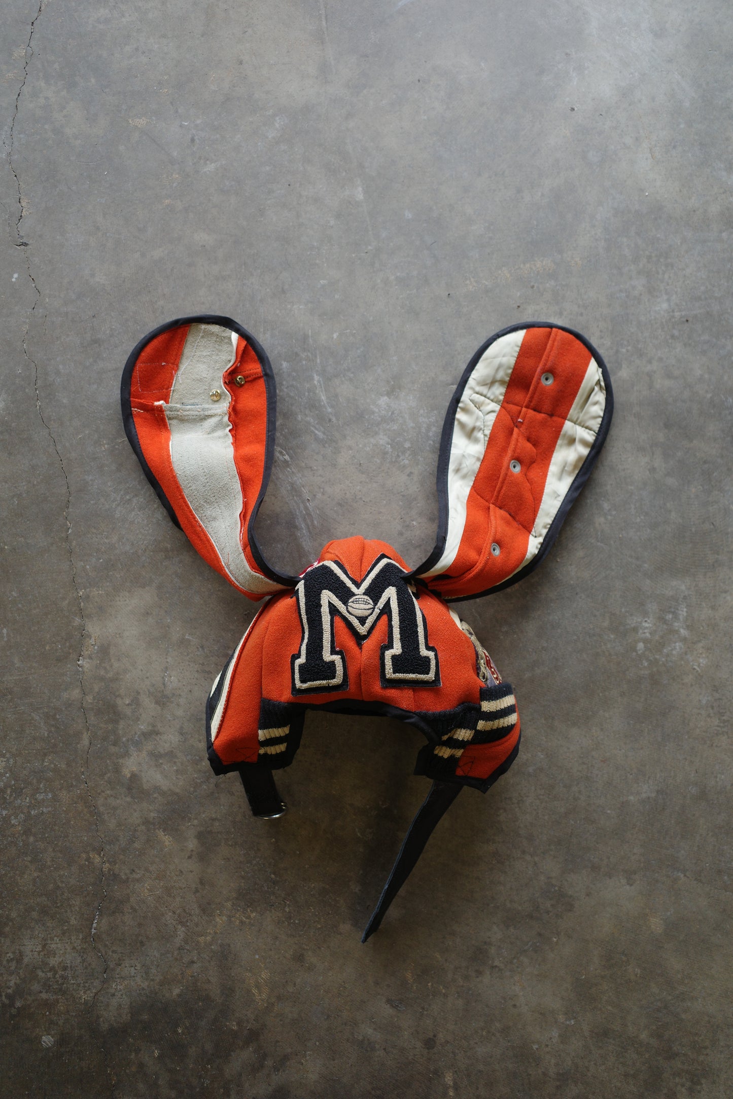 nag nag Bunny Ear Hat made with vintage Varsity Jacket and Patches and pins