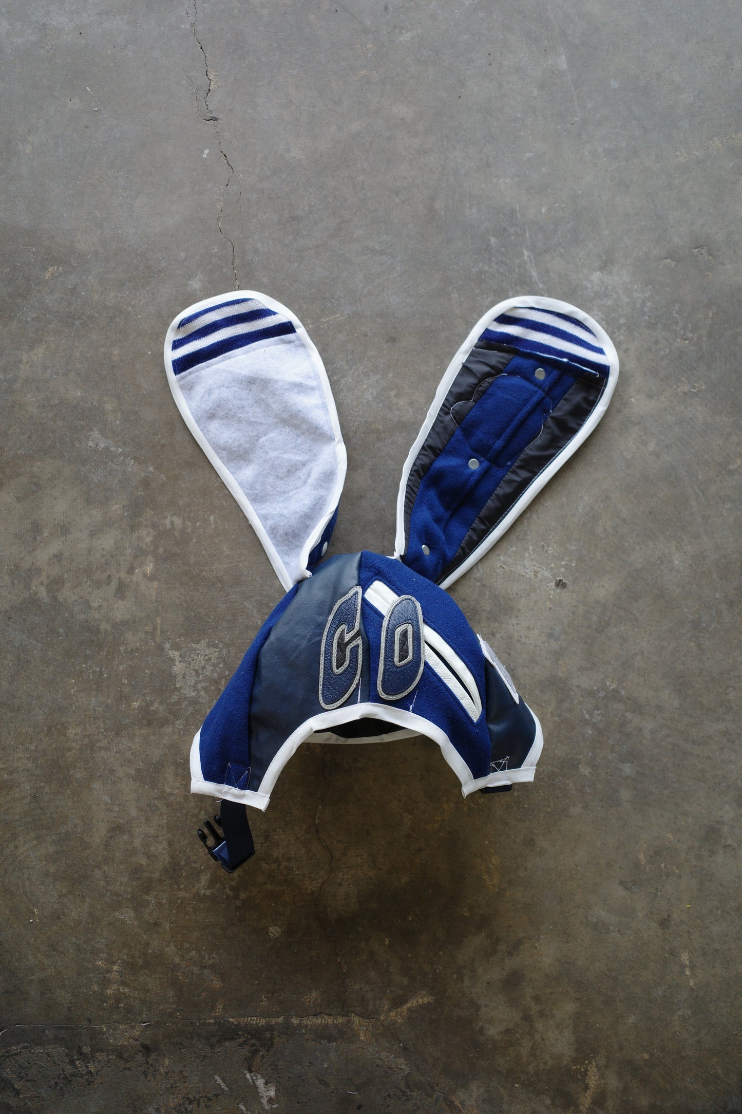 nag nag Bunny Ear Hat made with vintage Varsity Jacket and Patches
