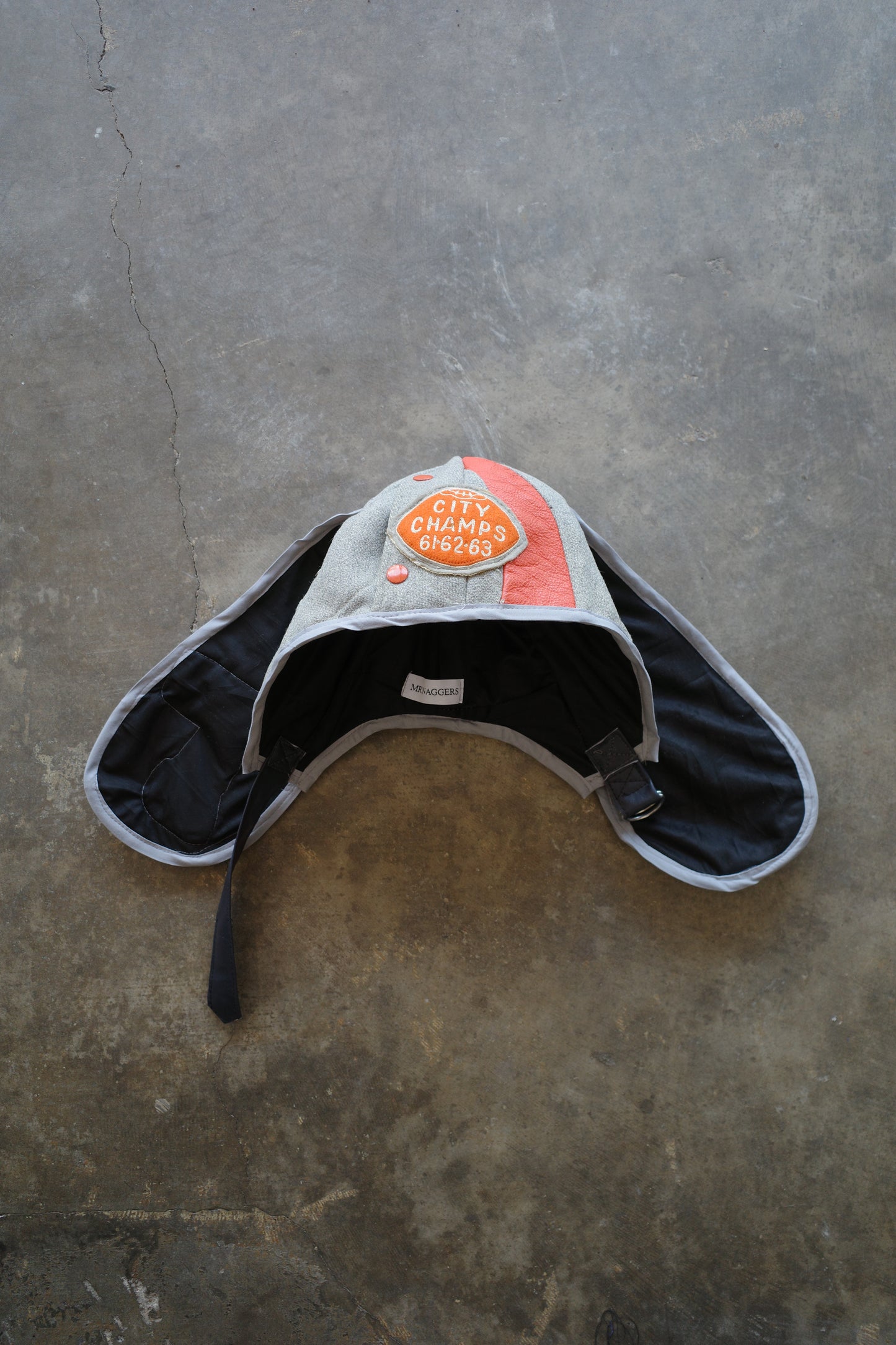 nag nag Bunny Ear Hat made with vintage Varsity Jacket and Patches