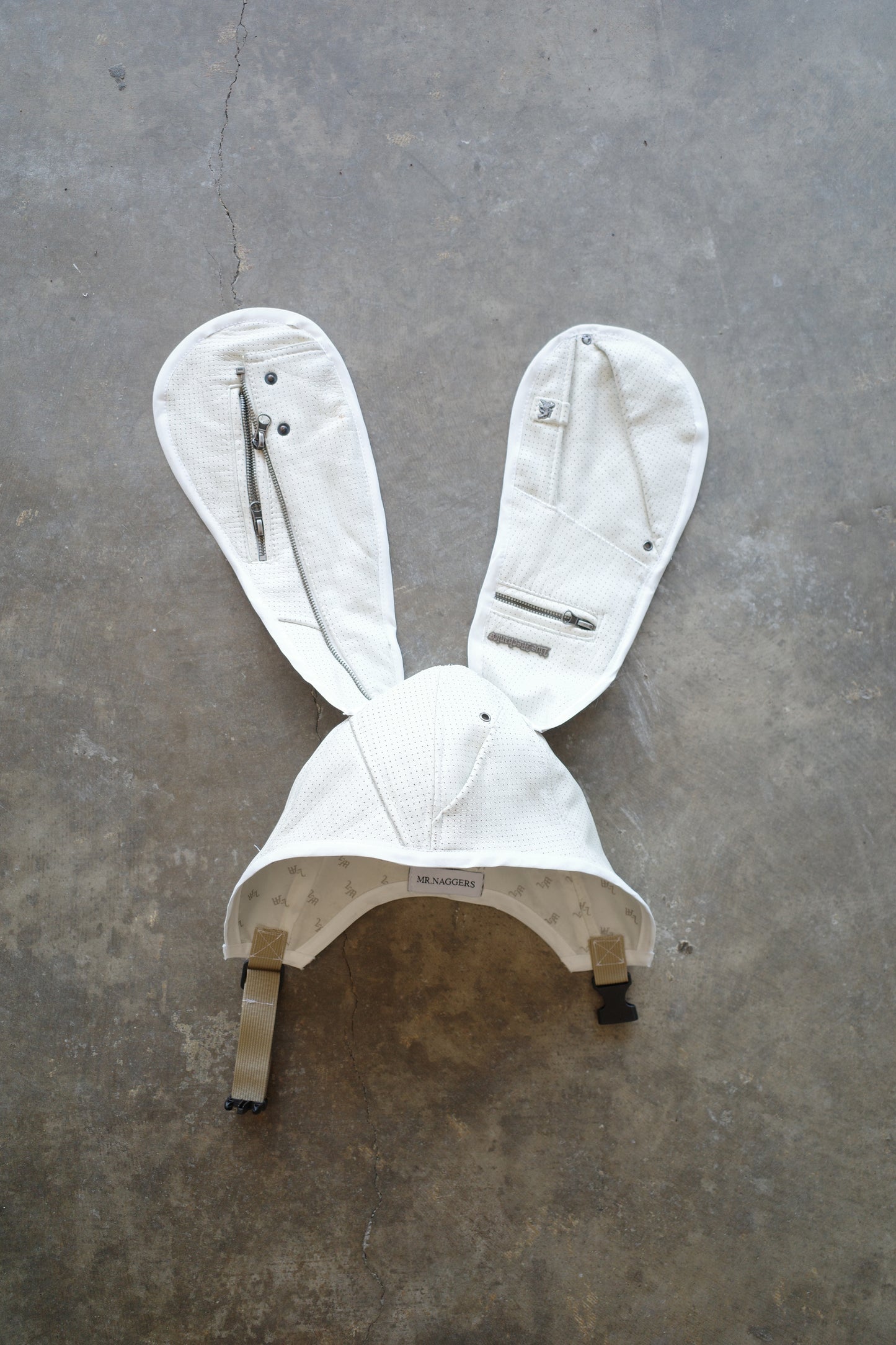 nag nag Bunny Ear Hat made with vintage white leather biker jackets