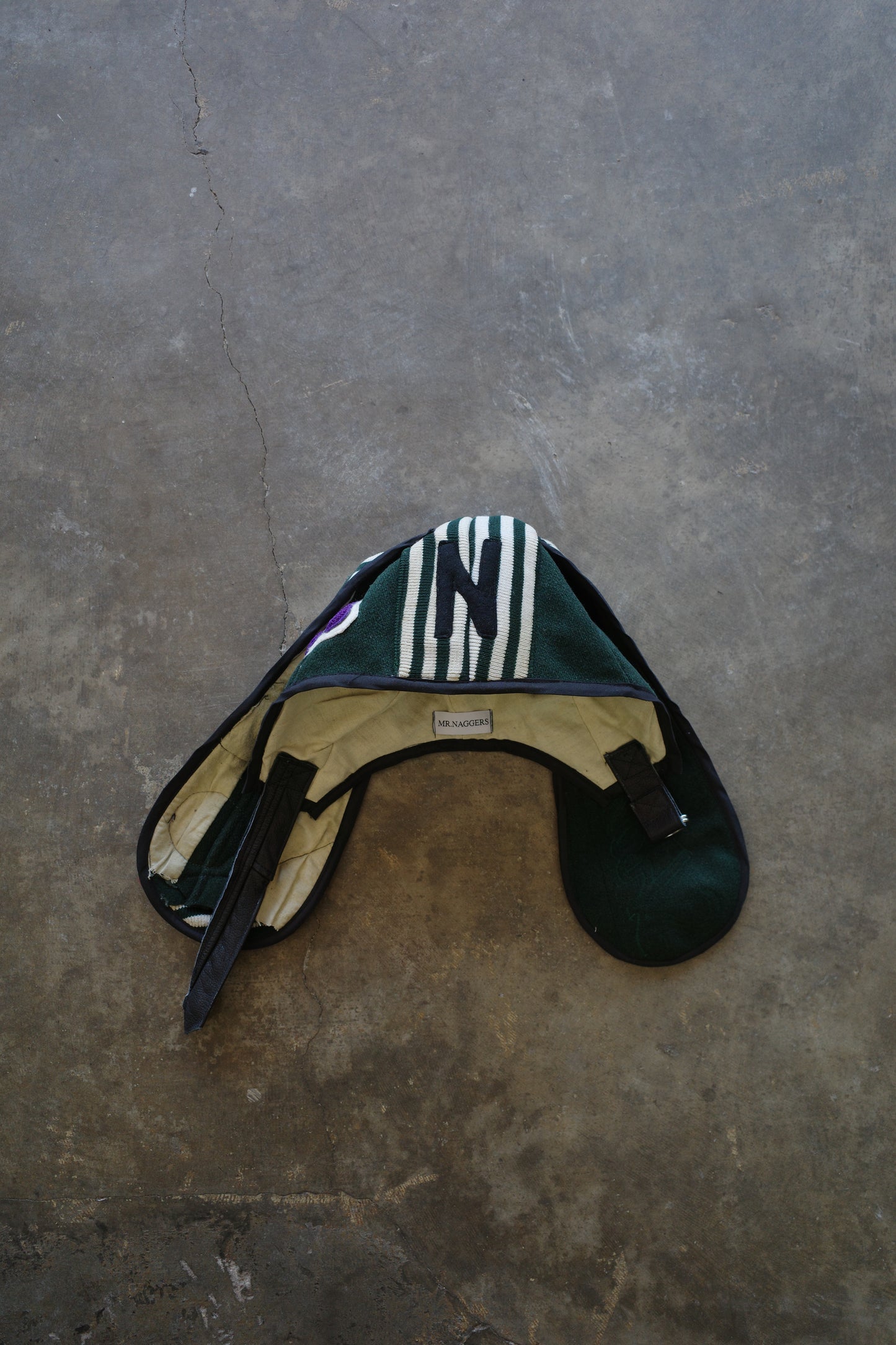 nag nag Bunny Ear Hat made with vintage Varsity Jacket and Patches, vintage pins