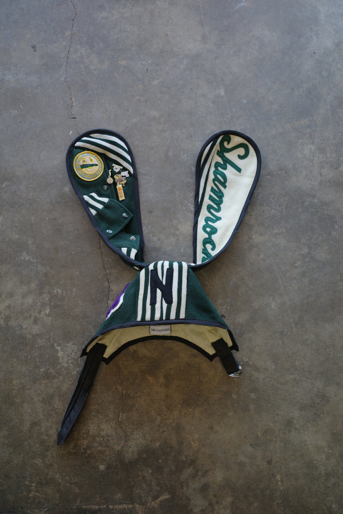nag nag Bunny Ear Hat made with vintage Varsity Jacket and Patches, vintage pins