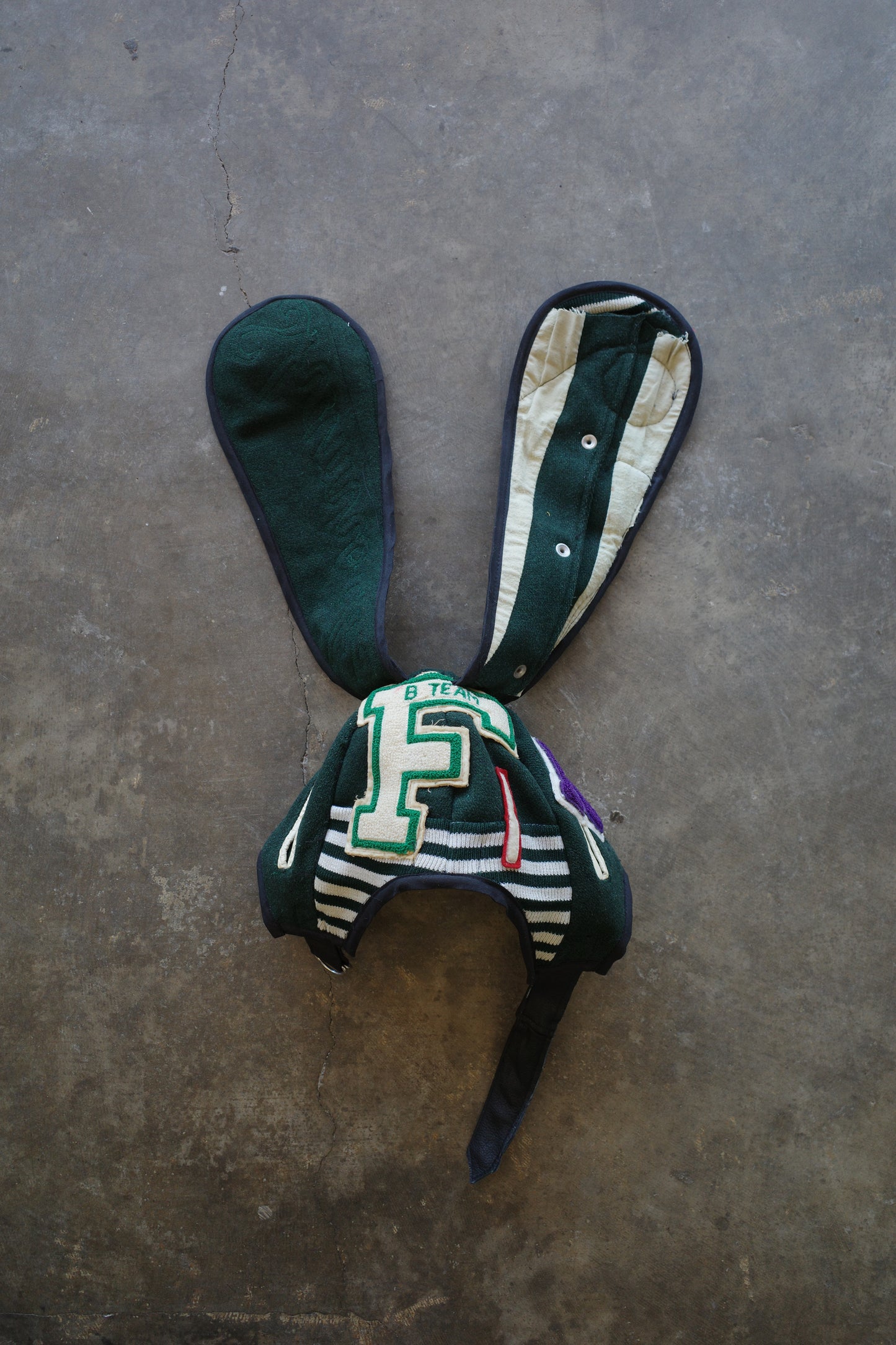 nag nag Bunny Ear Hat made with vintage Varsity Jacket and Patches, vintage pins