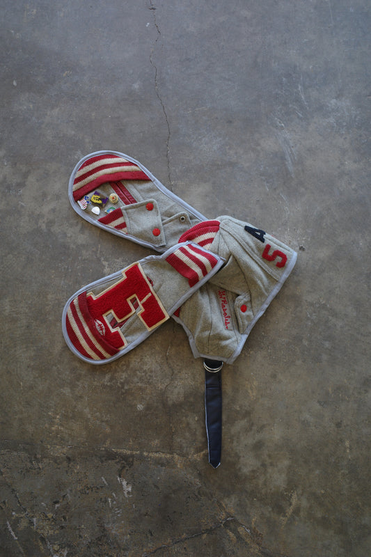 nag nag Bunny Ear Hat made with vintage Varsity Jacket and Patches, vintage pins