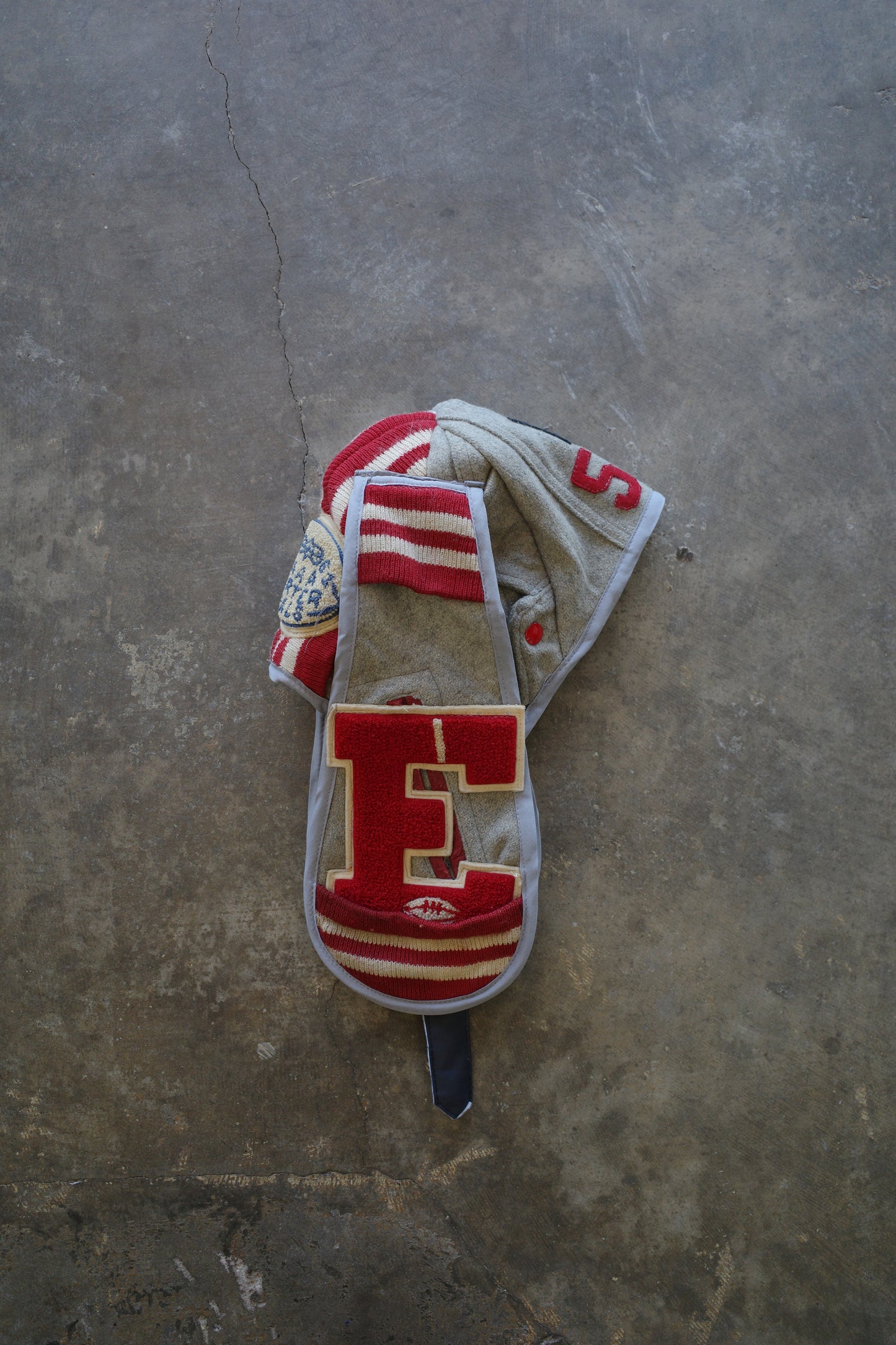 nag nag Bunny Ear Hat made with vintage Varsity Jacket and Patches, vintage pins