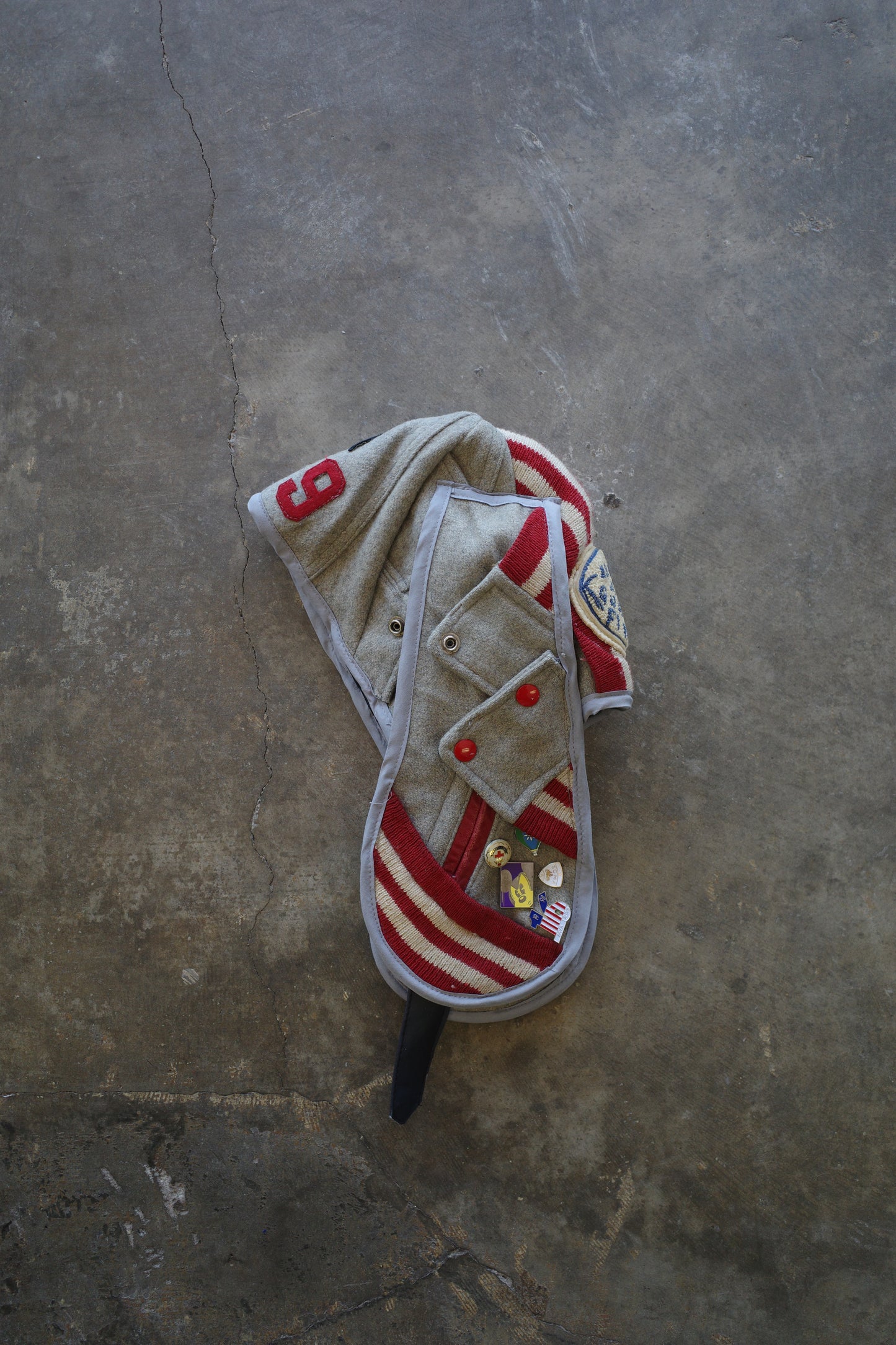 nag nag Bunny Ear Hat made with vintage Varsity Jacket and Patches, vintage pins