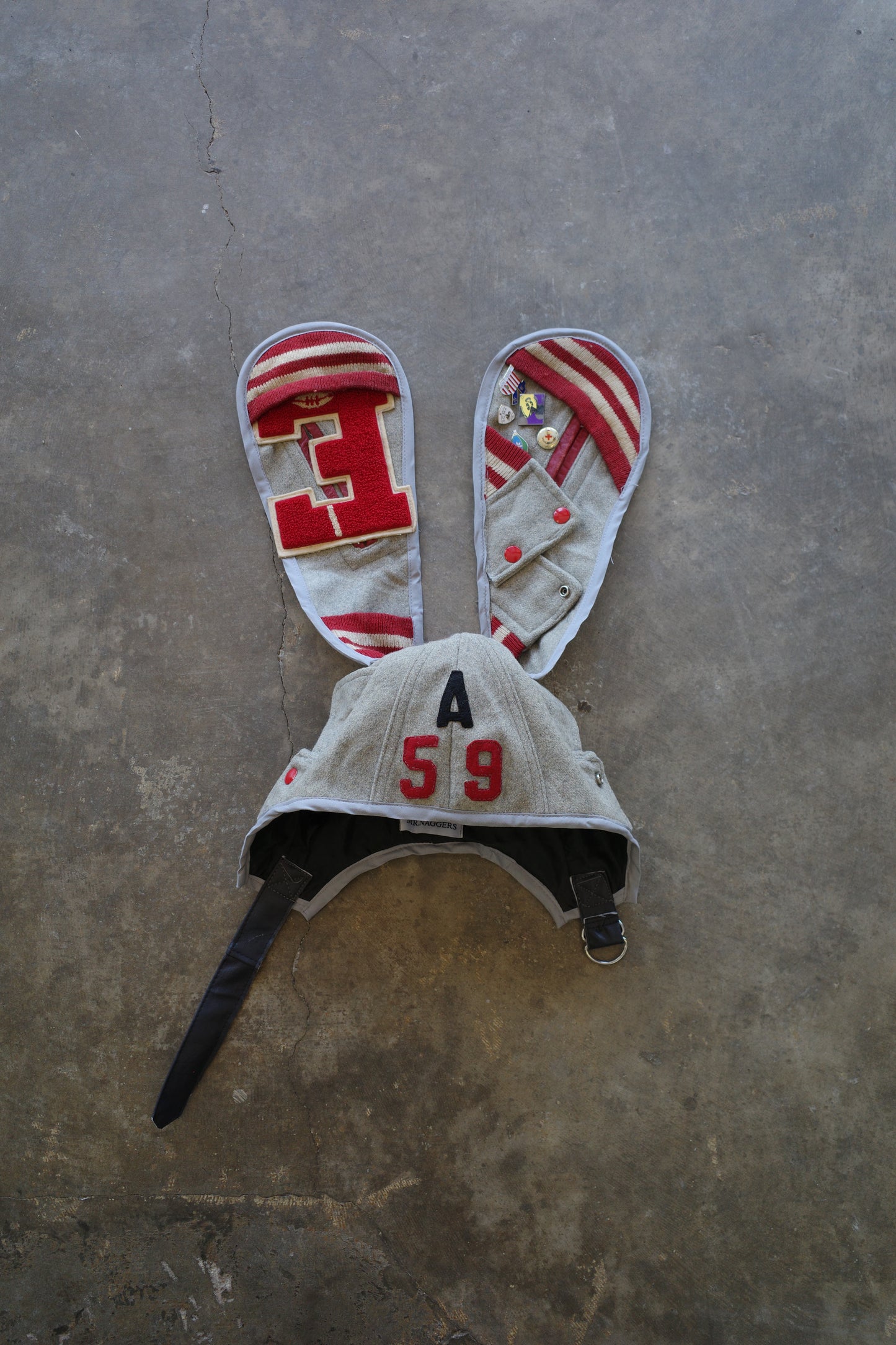 nag nag Bunny Ear Hat made with vintage Varsity Jacket and Patches, vintage pins