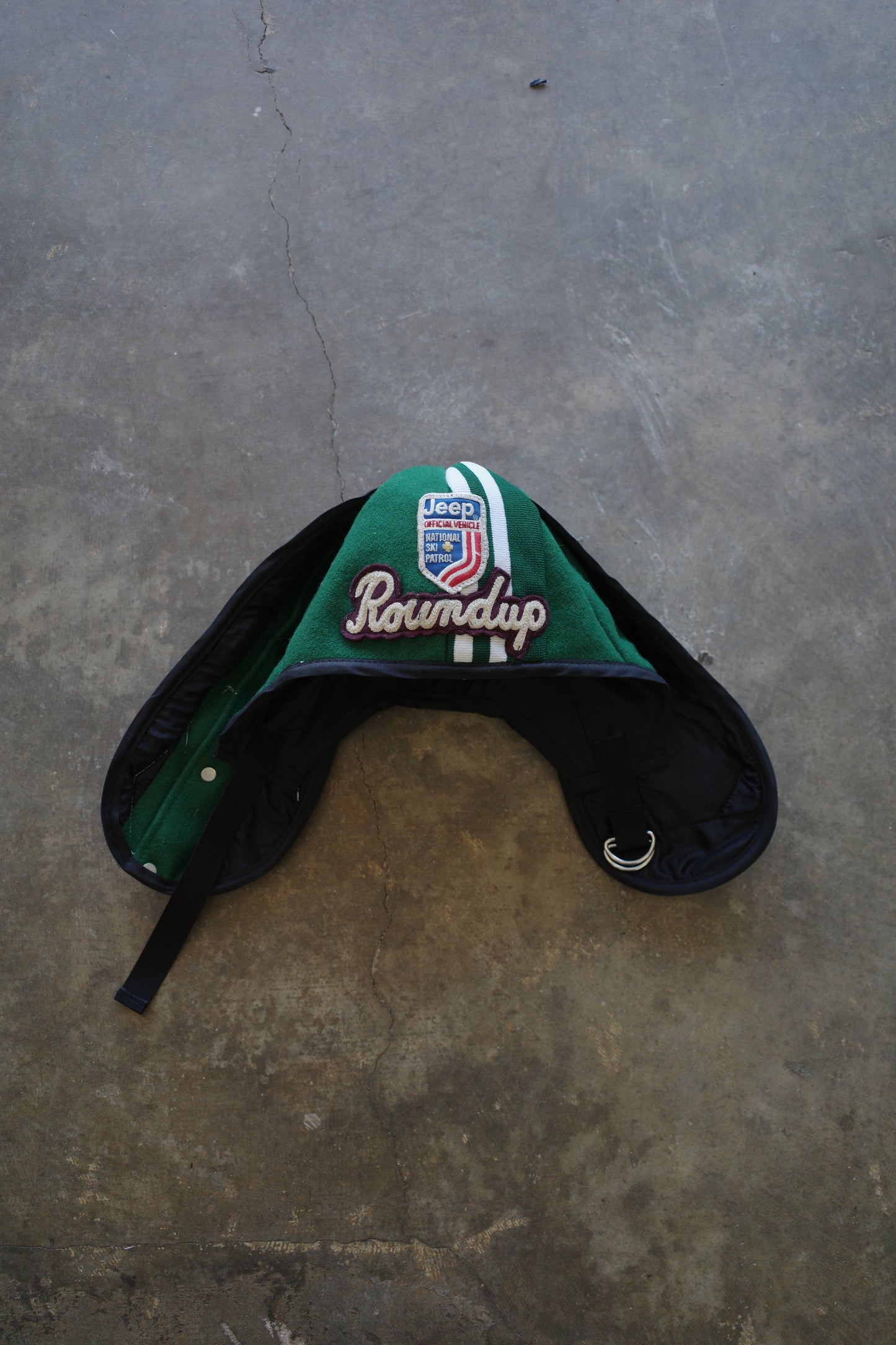 nag nag Bunny Ear Hat made with vintage Varsity Jacket and Patches, vintage pins