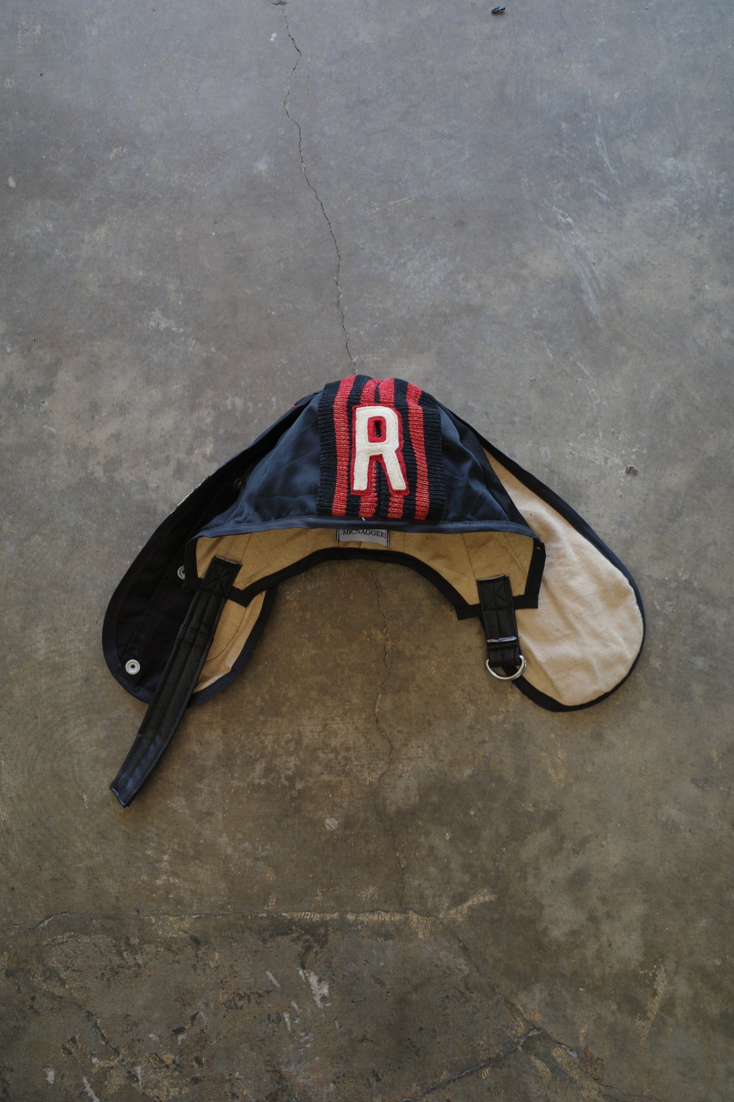 nag nag Bunny Ear Hat made with vintage Varsity Jacket and Patches, vintage pins
