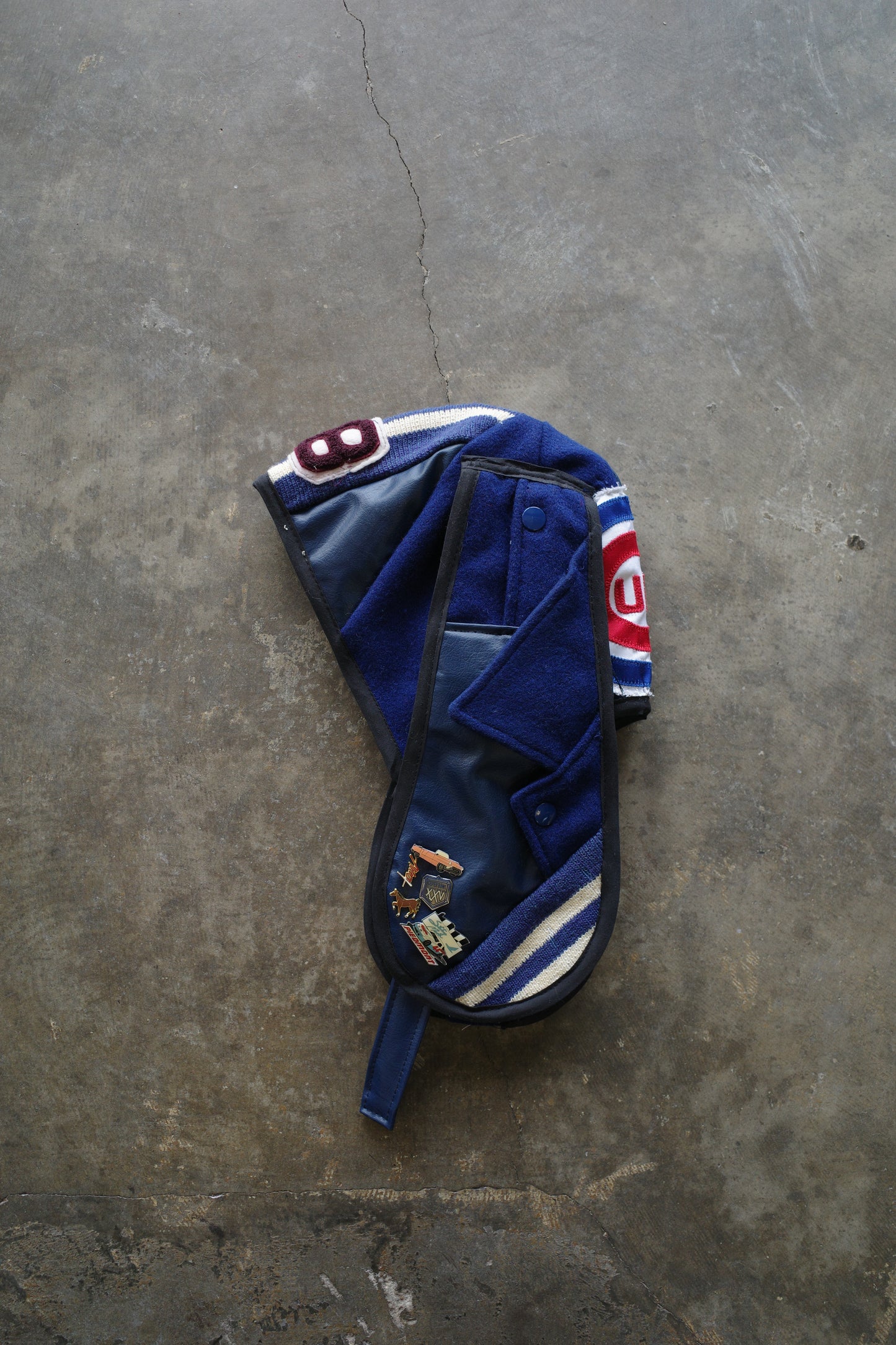 nag nag Bunny Ear Hat made with vintage Varsity Jacket and Patches, vintage pins